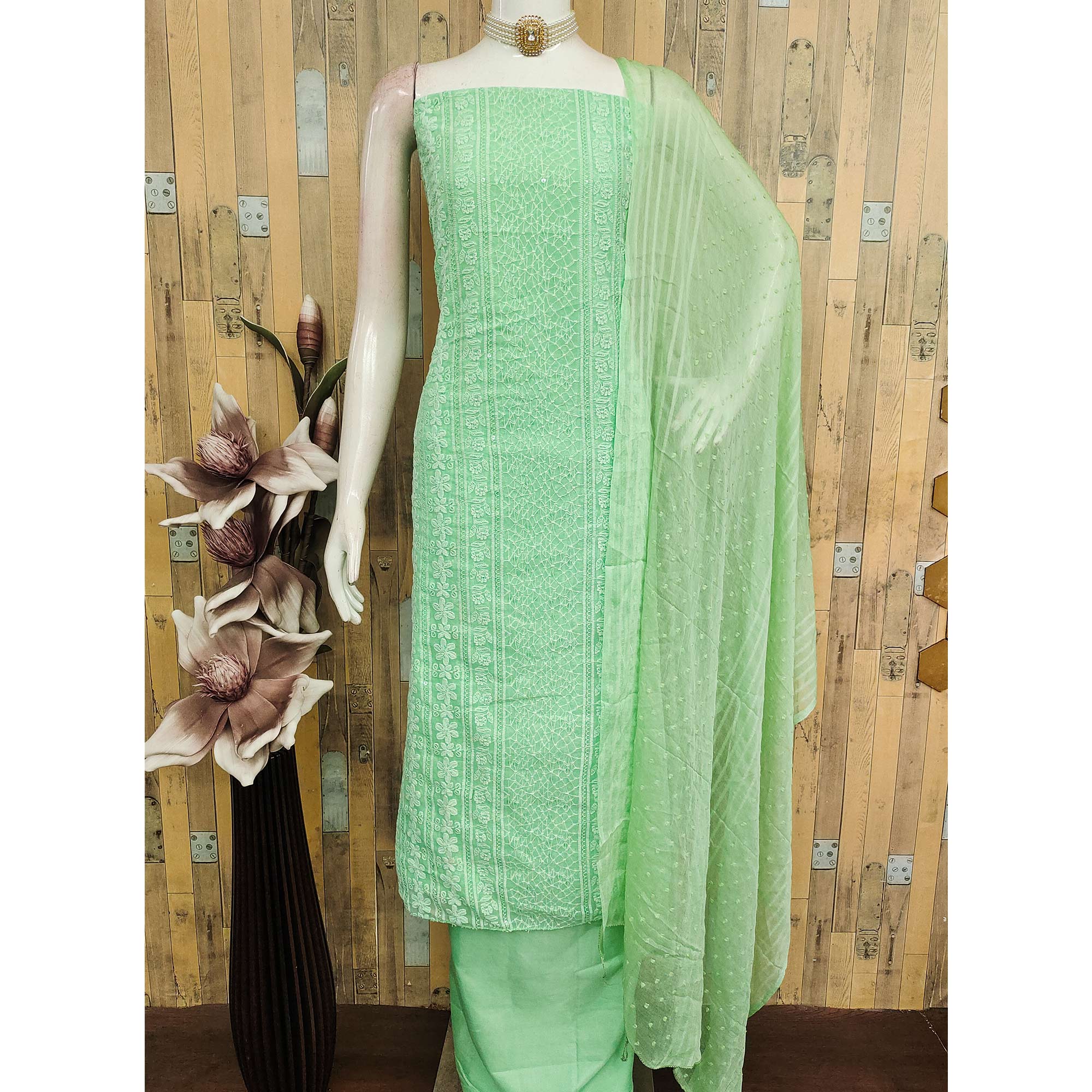 Elegant Green Floral Embroidered Georgette Dress Material With Delicate Sequins Accents