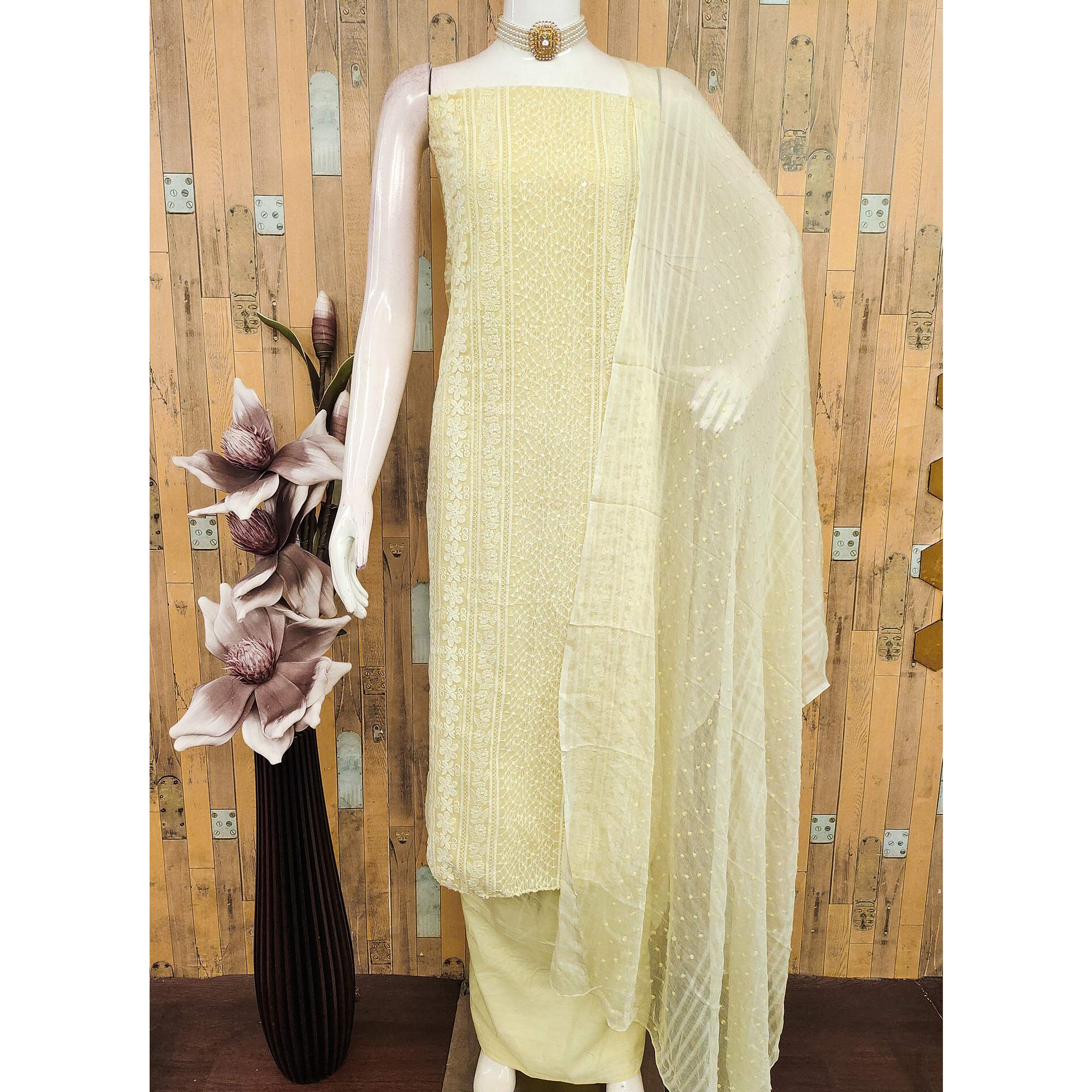 Elegant Light Yellow Floral Embroidered Georgette Dress Material With Delicate Sequins Accents