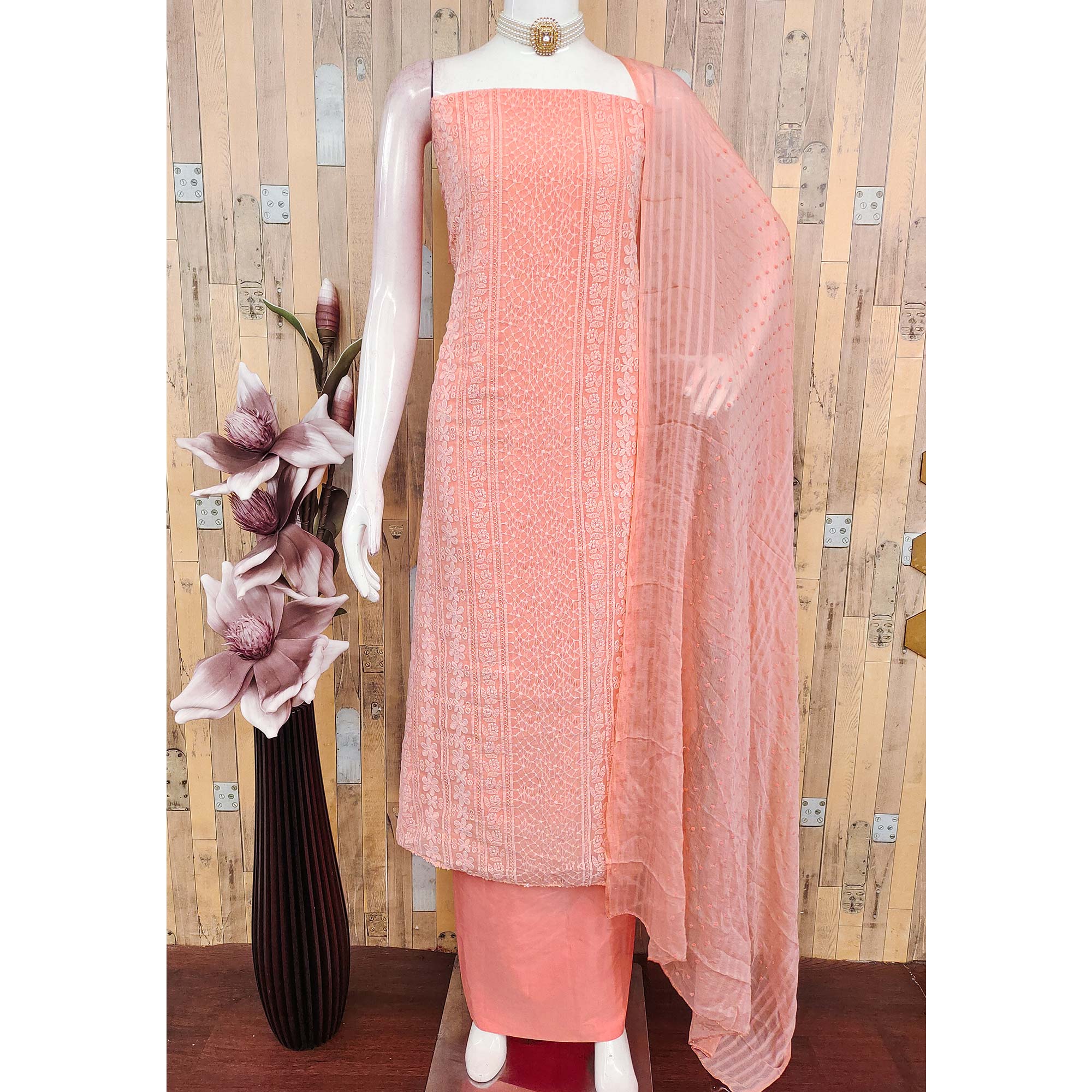 Elegant Peach Floral Embroidered Georgette Dress Material With Delicate Sequins Accents