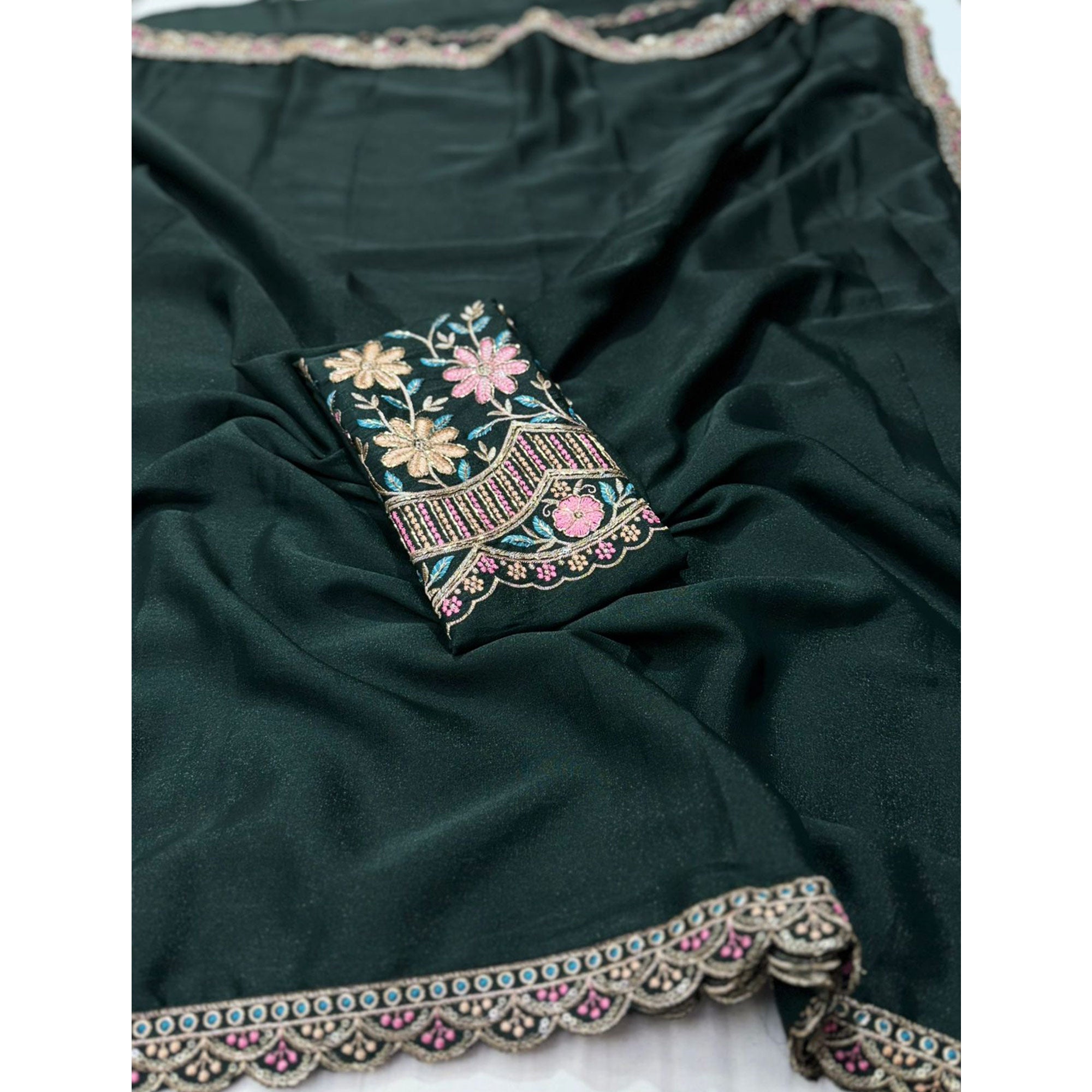 Bottle Green Solid Georgette Saree With Embroidered Blouse Piece And Embroidered Border