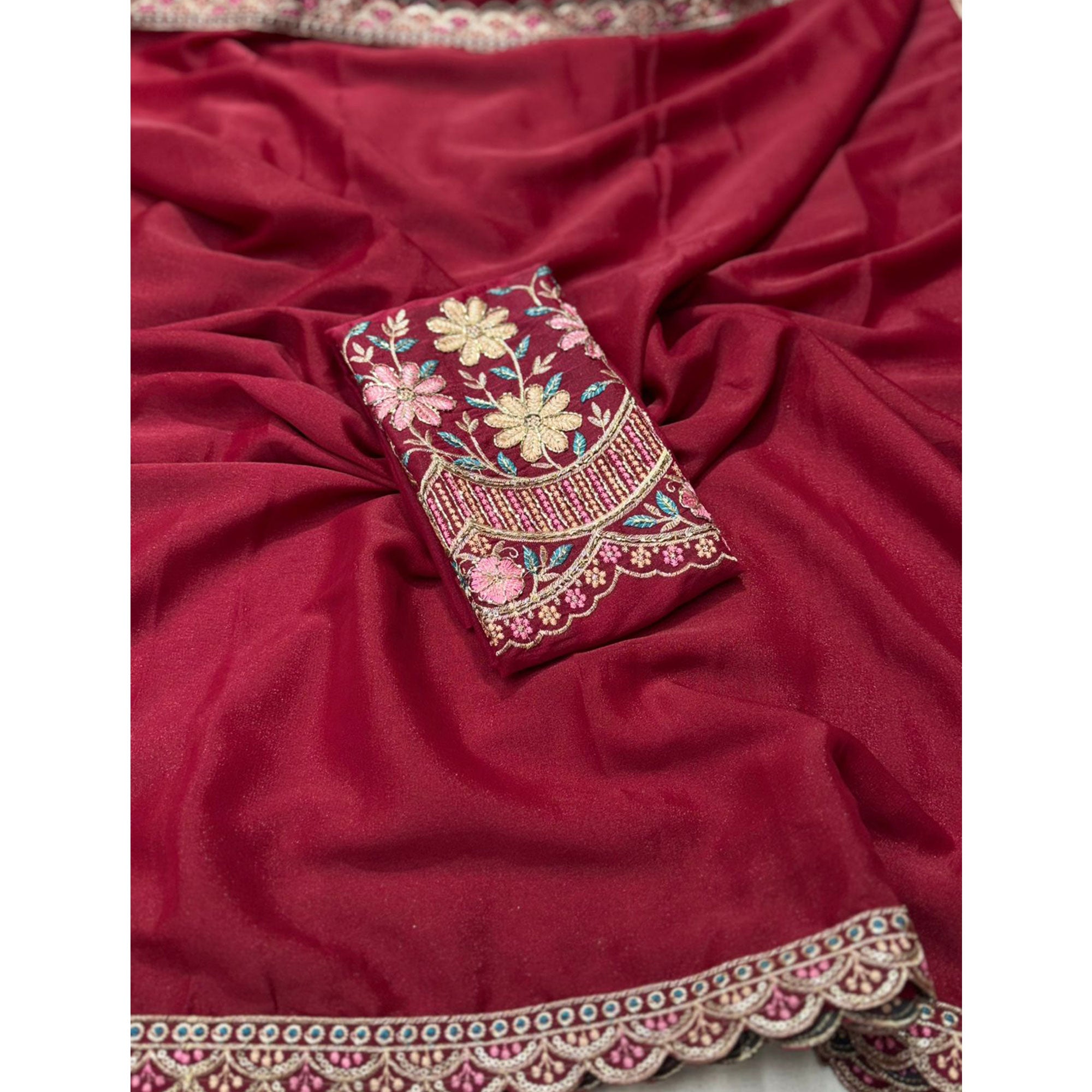 Maroon Solid Georgette Saree With Embroidered Blouse Piece And Embroidered Border