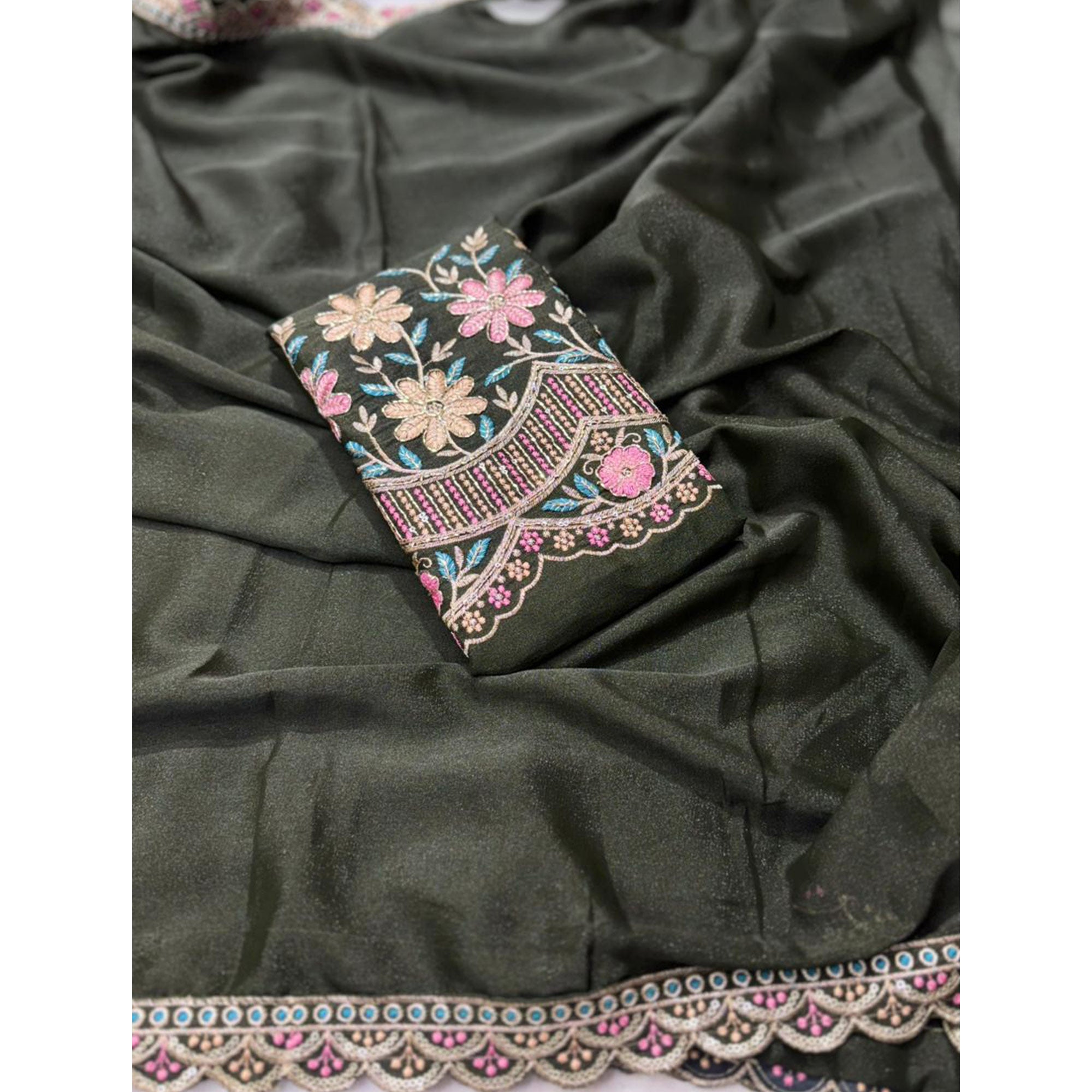 Mehendi Green Solid Georgette Saree With Embroidered Blouse Piece And Embroidered Border
