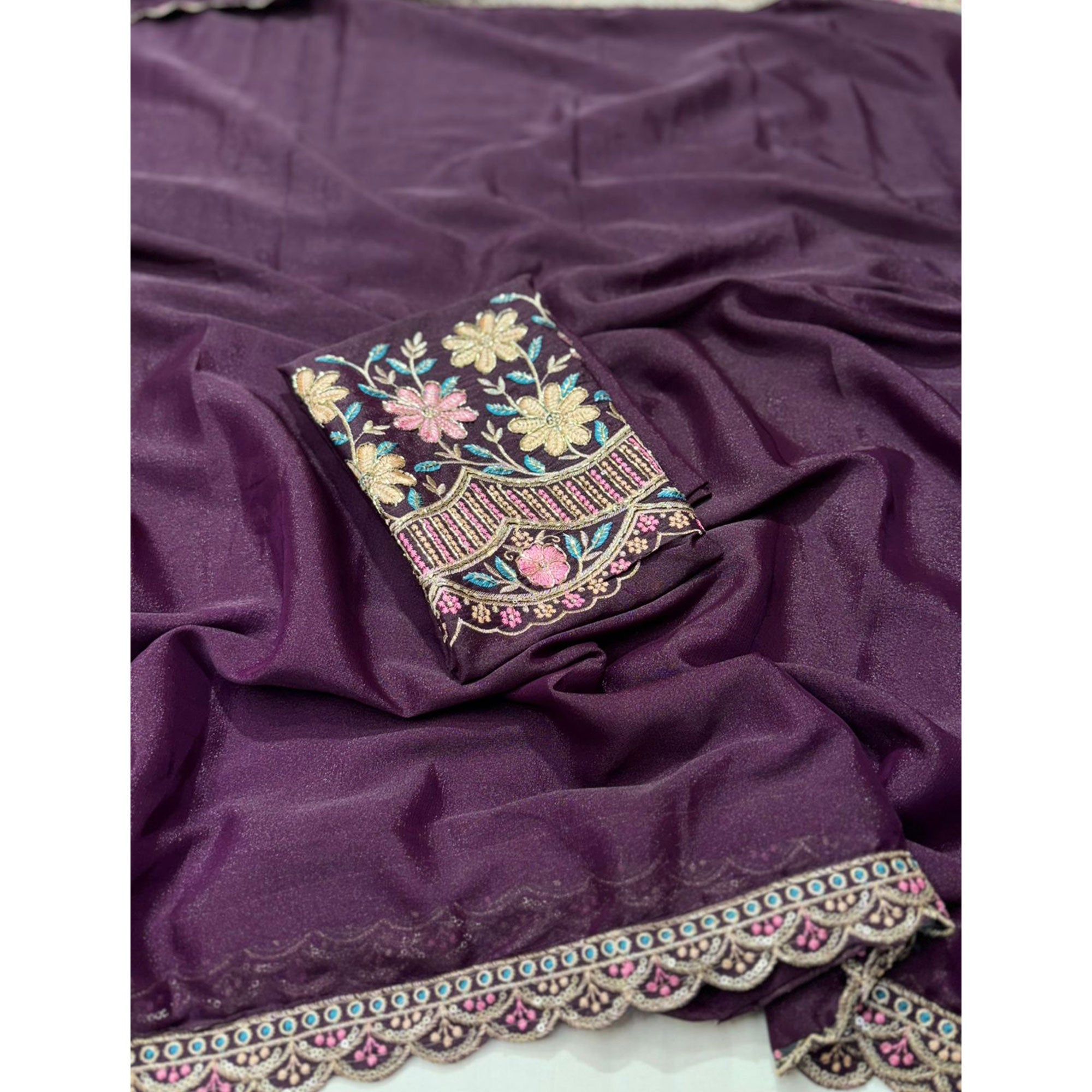Purple Solid Georgette Saree With Embroidered Blouse Piece And Embroidered Border
