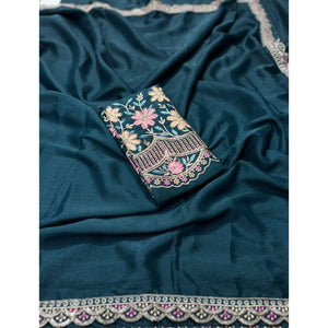 Teal Solid Georgette Saree With Embroidered Blouse Piece And Embroidered Border