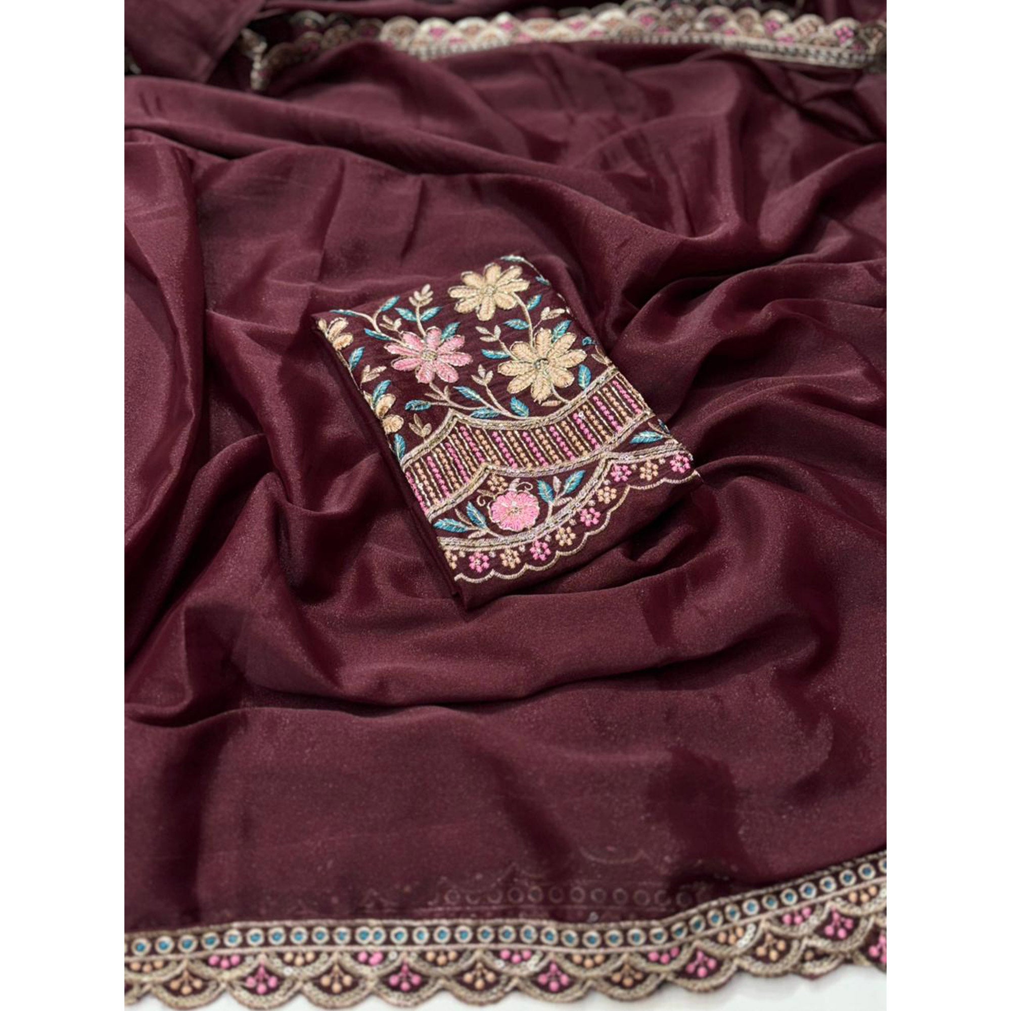 Wine Solid Georgette Saree With Embroidered Blouse Piece And Embroidered Border