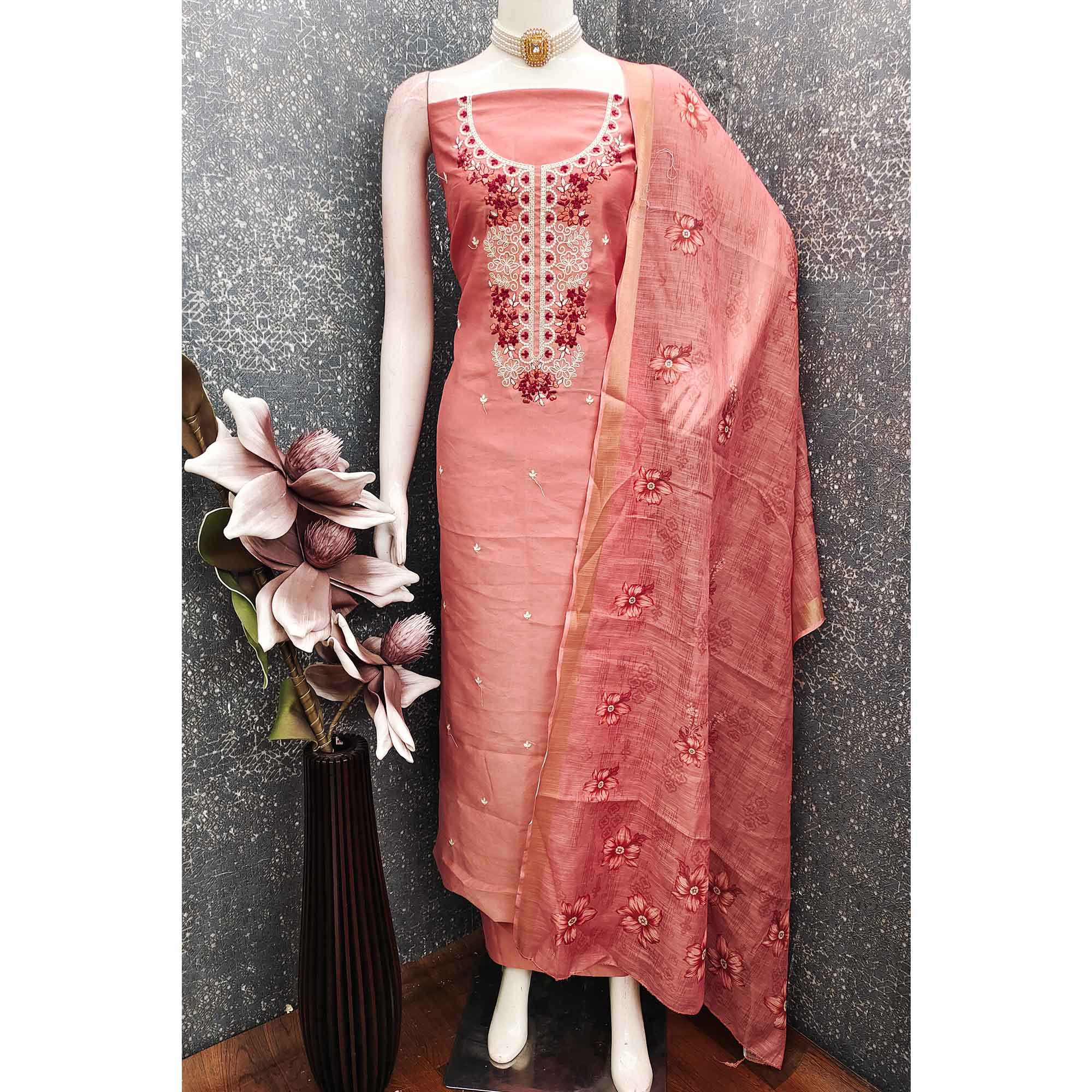 Elegant Peach Floral Thread Embroidered Art Silk Dress Material Adorned With Shimmering Sequins