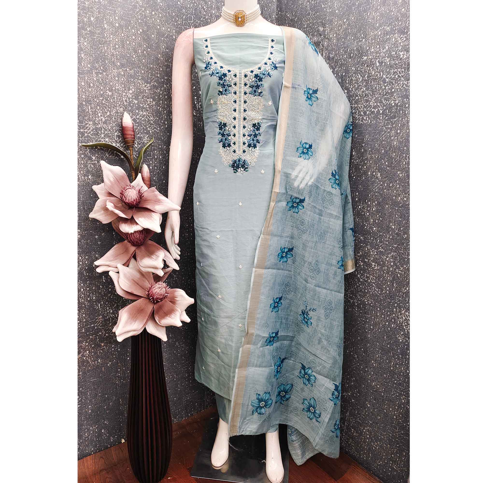 Elegant Sky Blue Floral Thread Embroidered Art Silk Dress Material Adorned With Shimmering Sequins