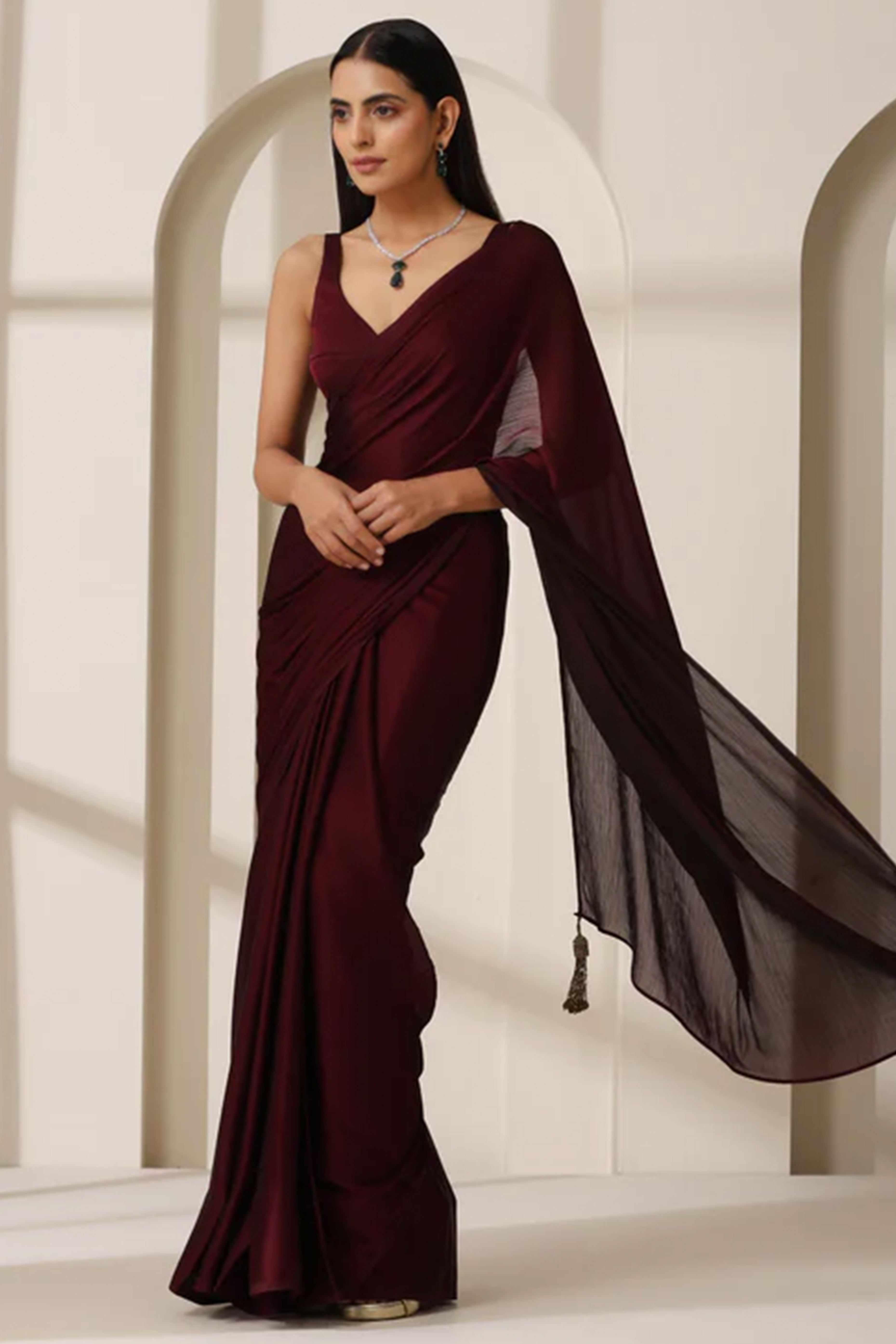 Elegant Maroon Solid Silk Blend Saree Crafted for Glamorous Party Wear