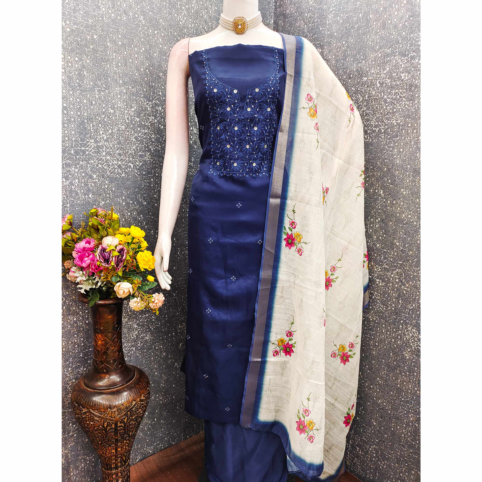 Elegant Navy Blue Floral Thread Embroidered Tussar Silk Dress Material Adorned with Sequins Work