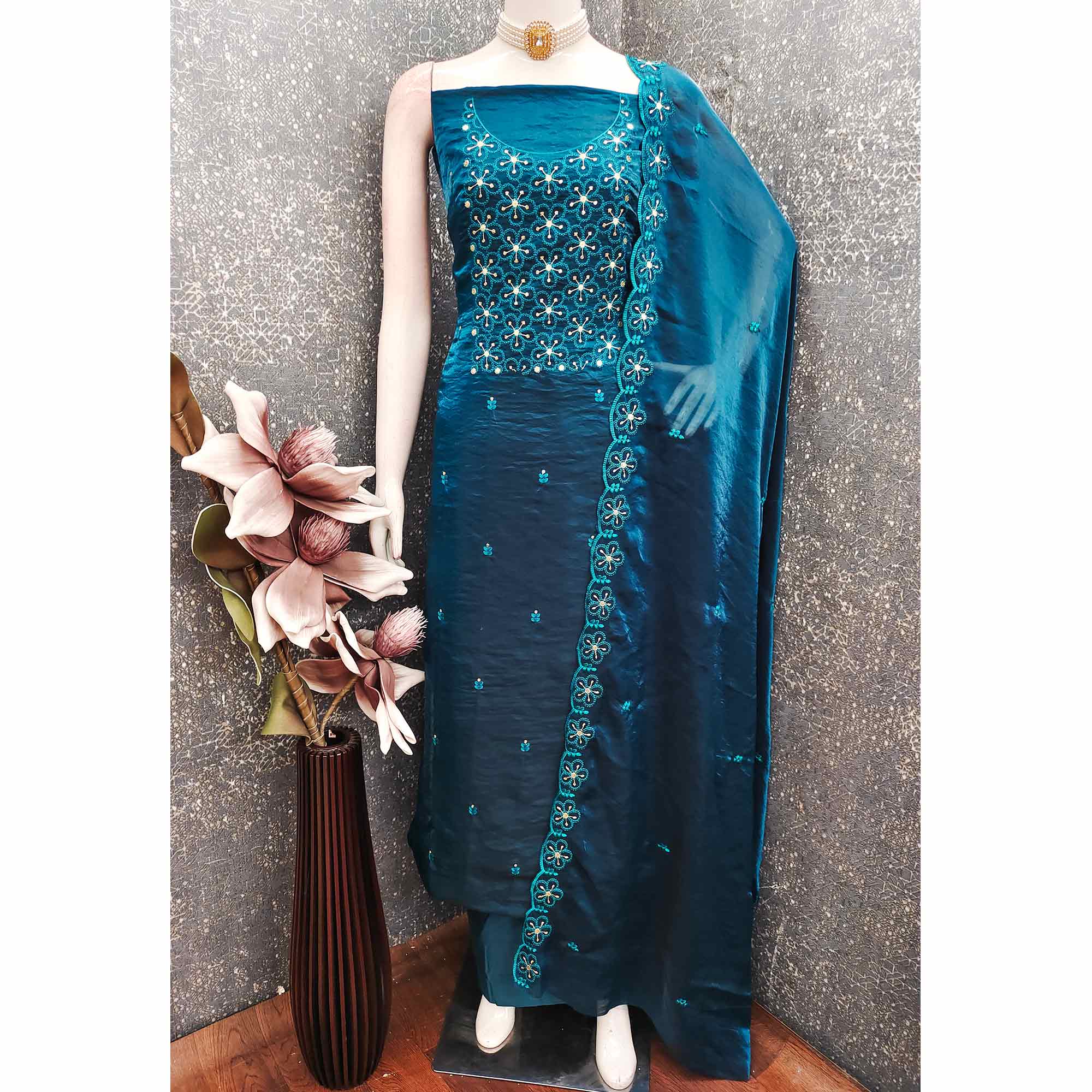 Charming Morpich Blue Floral Embroidery Organza Satin Silk Dress Material With Sequins Work