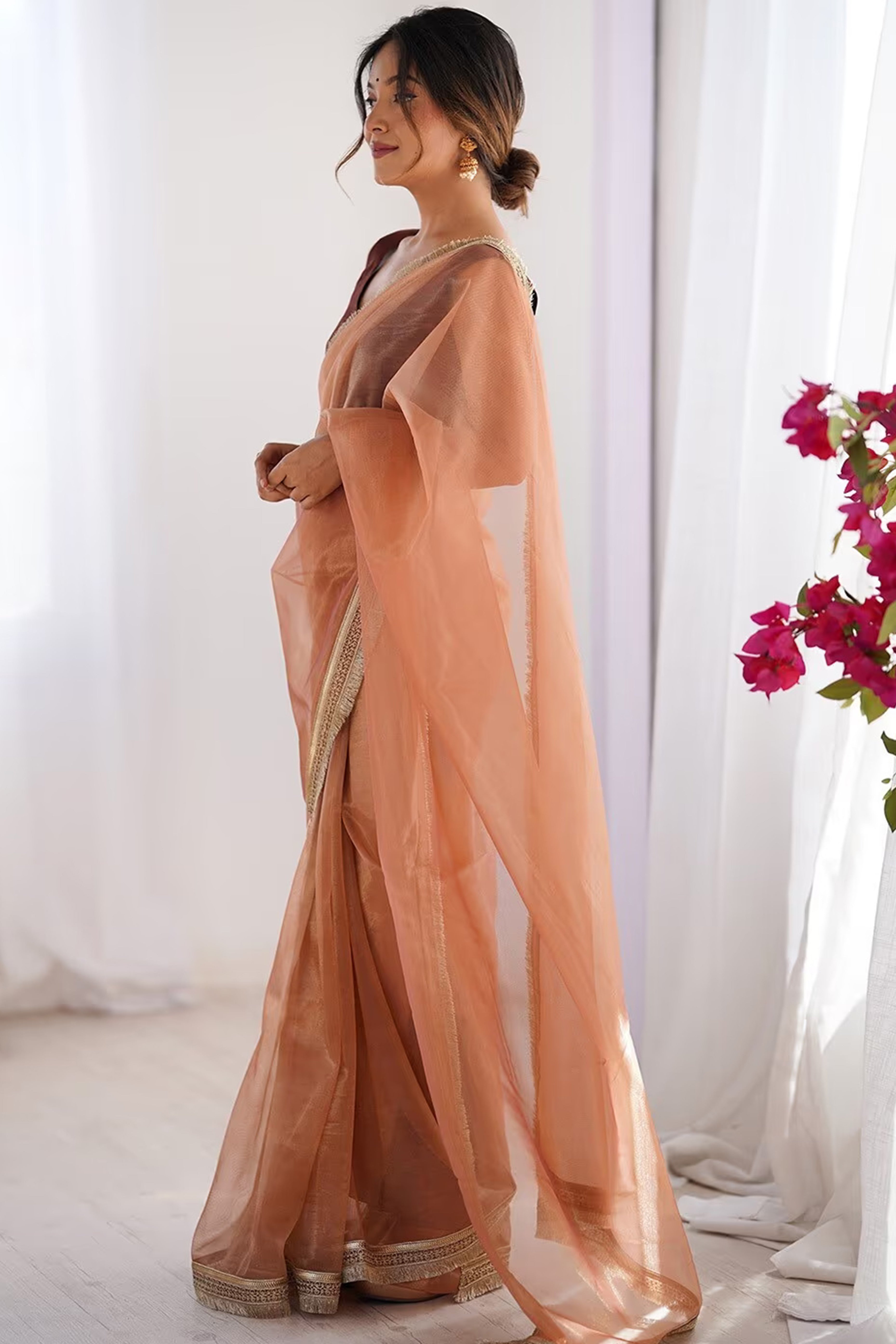Brown Solid Pattern Net Saree with Refined Lace Work for Parties