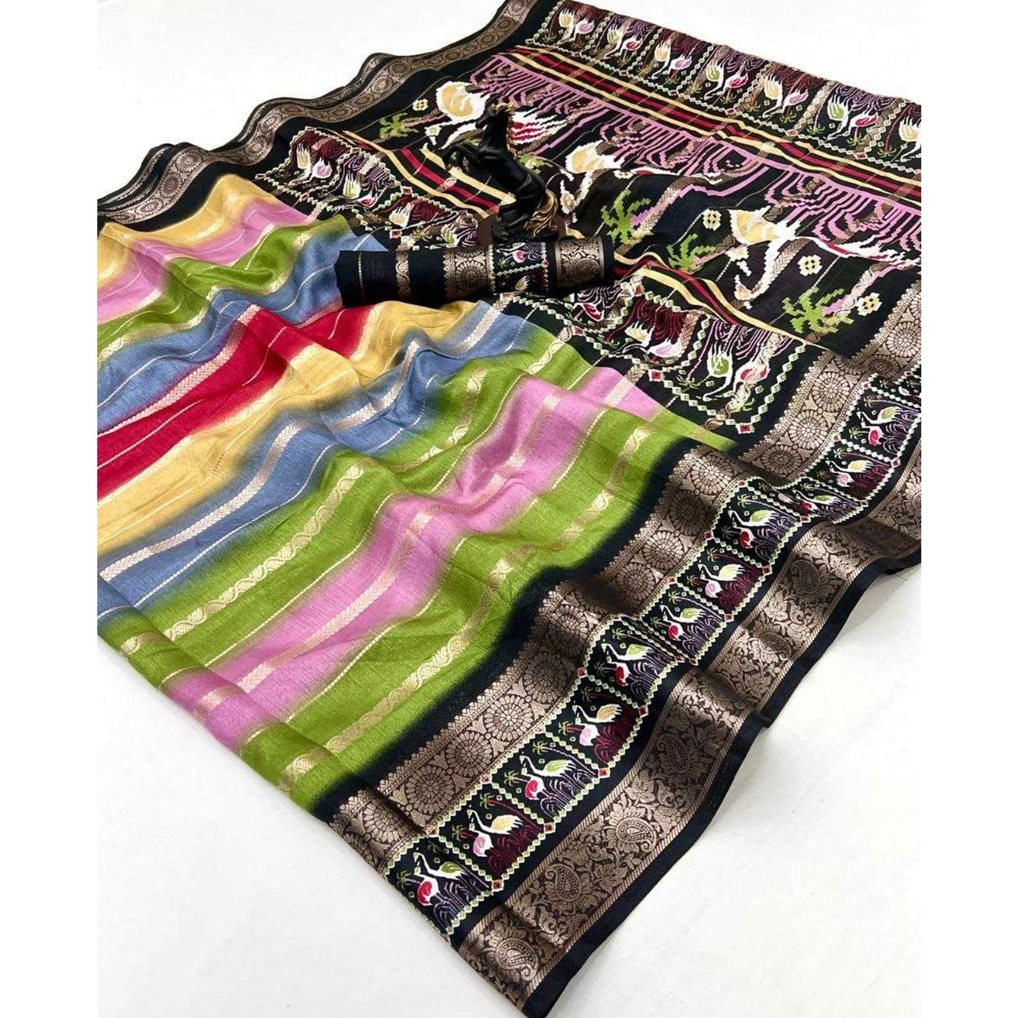 Festive Wear Multicolor Striped Dola Silk Saree with Elegant Zari Weave