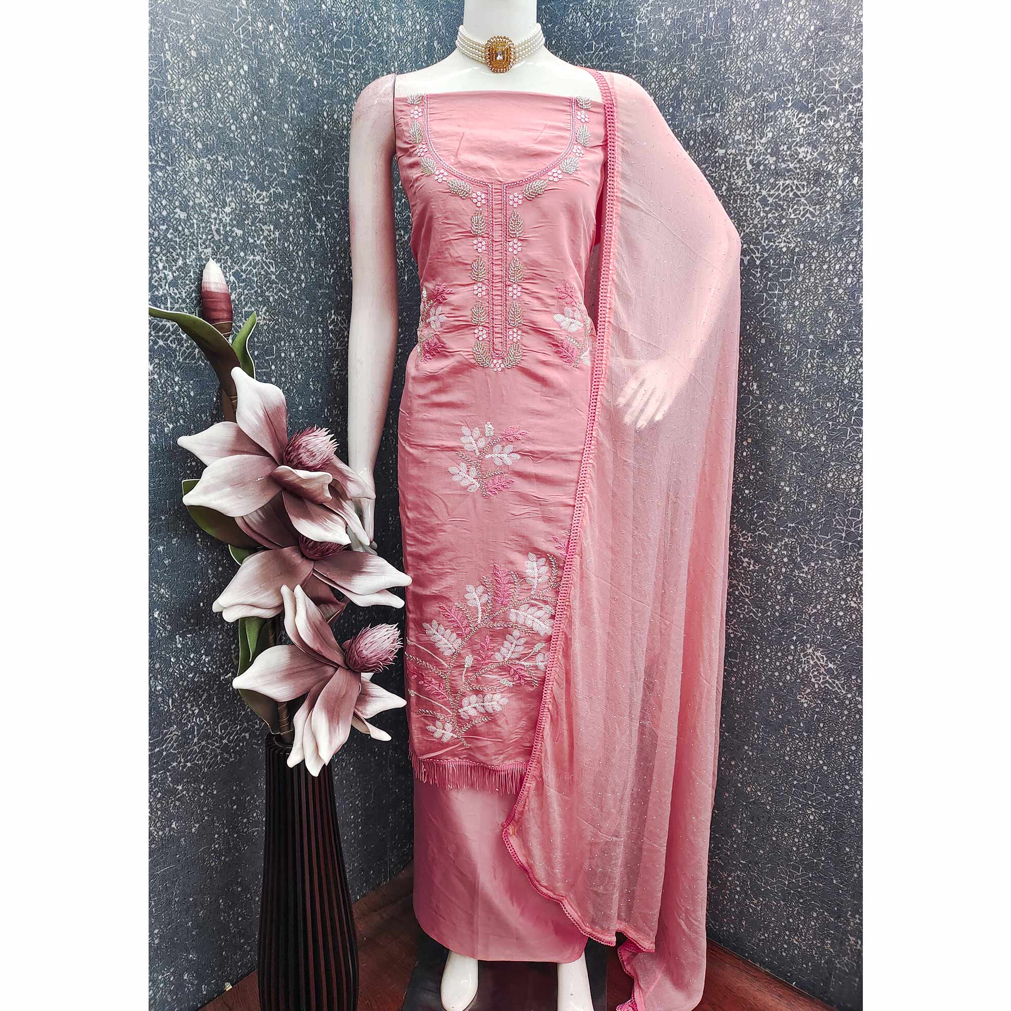 Peach Floral Embroidered Viscose Suit Fabric with Exquisite Beads Work