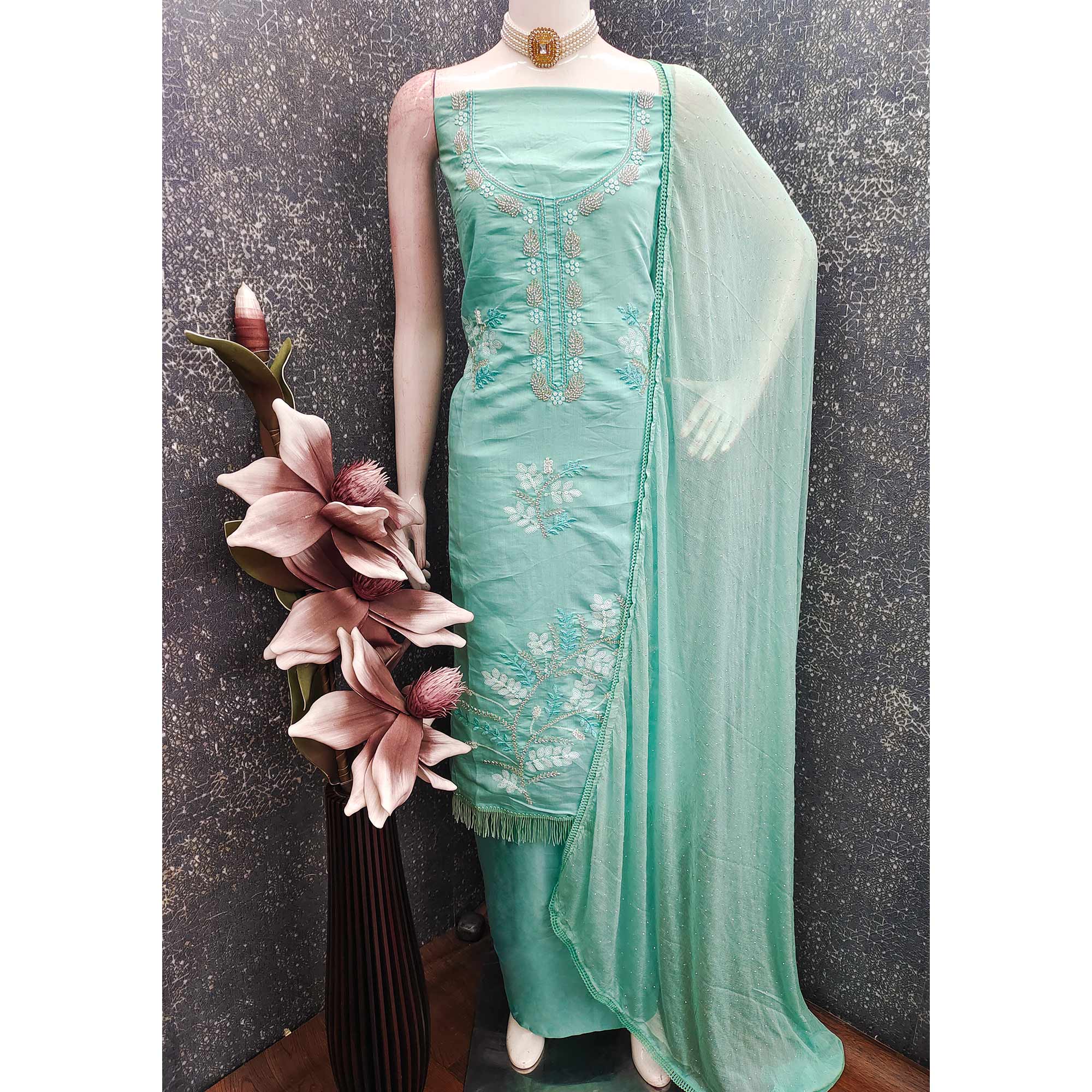 Turquoise Floral Embroidered Viscose Suit Fabric with Exquisite Beads Work