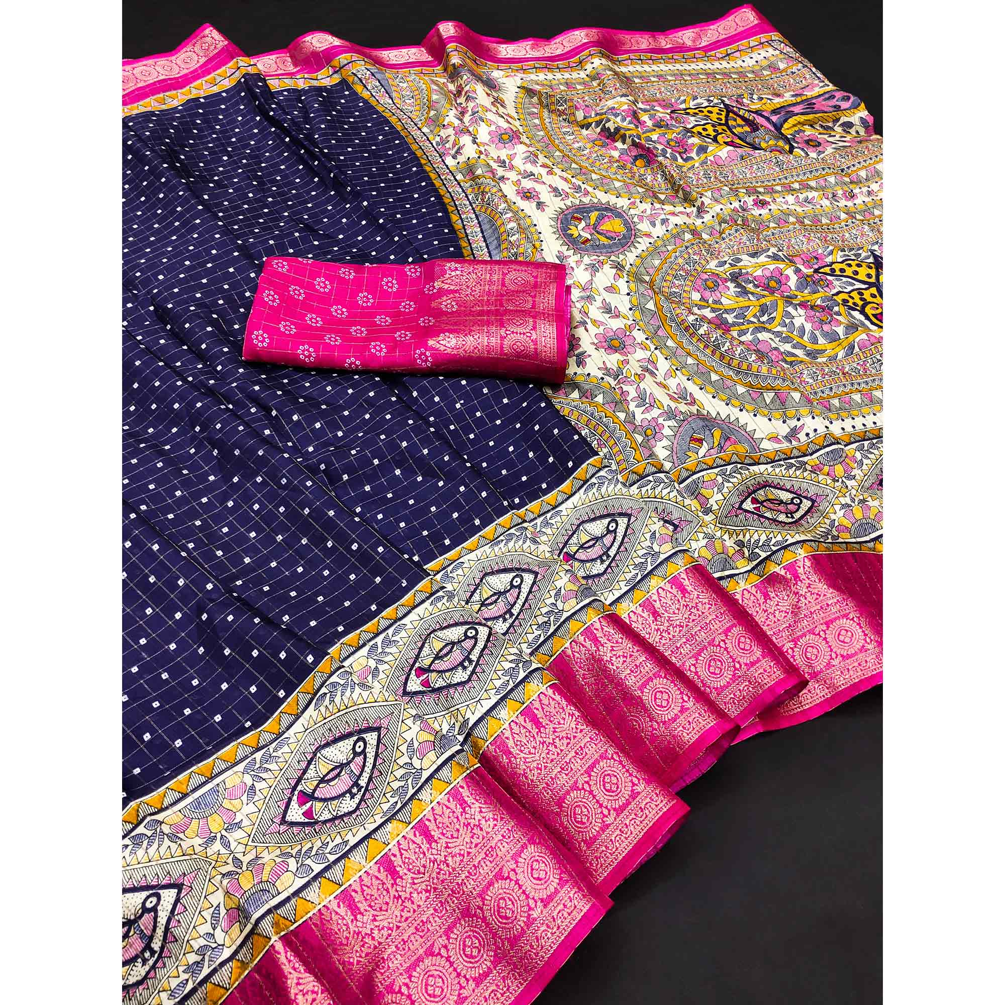 Navy Blue Madhubani Work Woven Dola Silk Saree