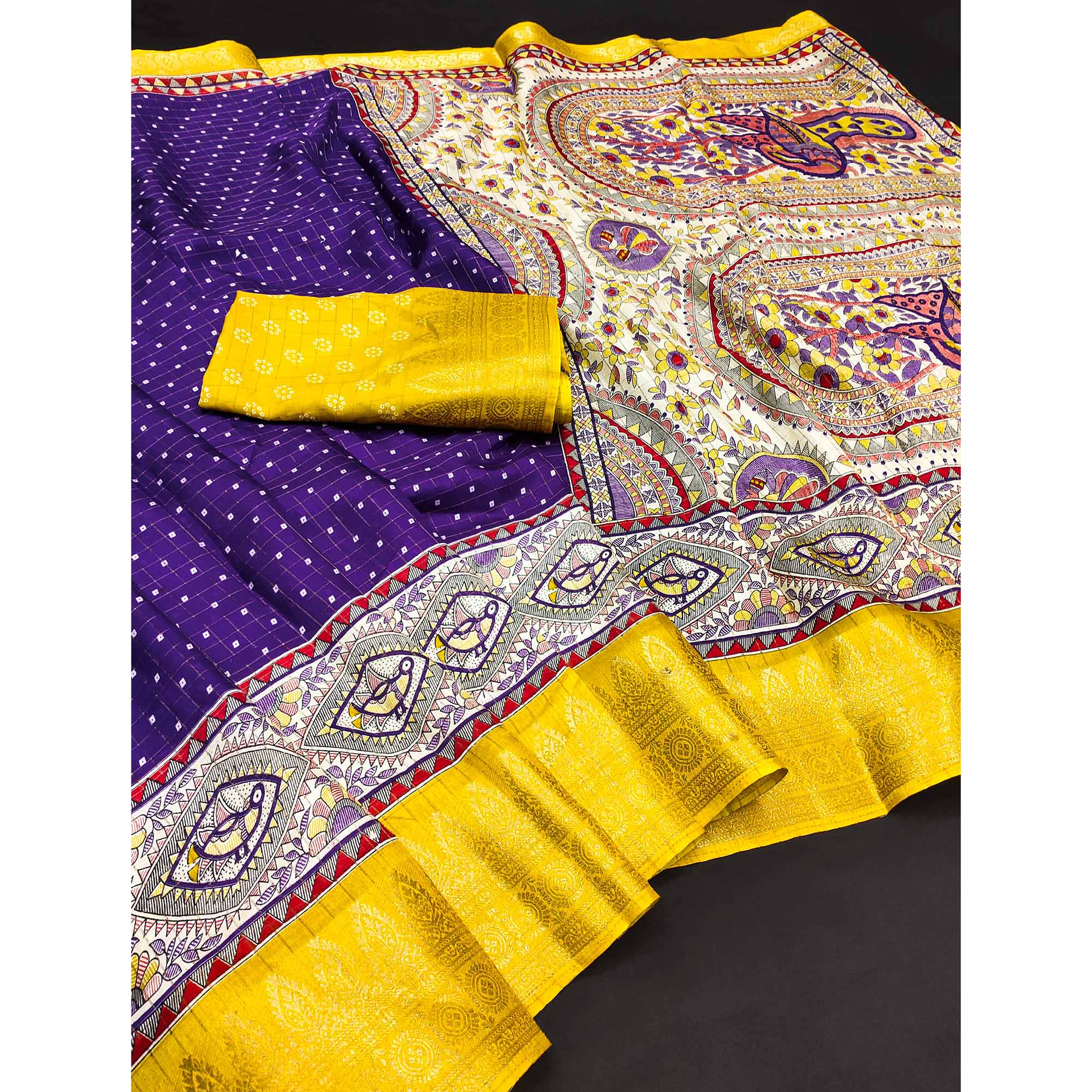 Purple Madhubani Work Woven Dola Silk Saree