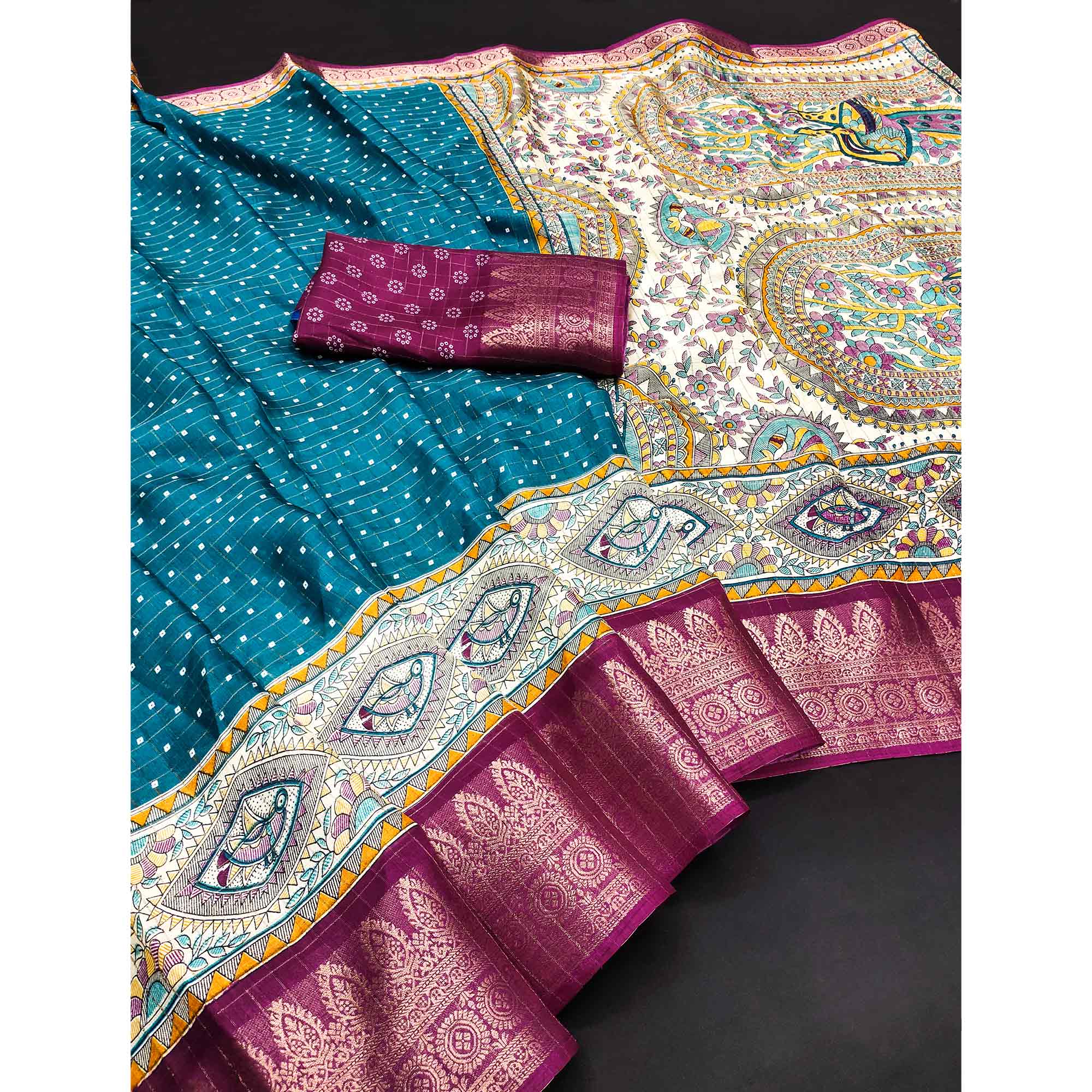 Teal Madhubani Work Woven Dola Silk Saree