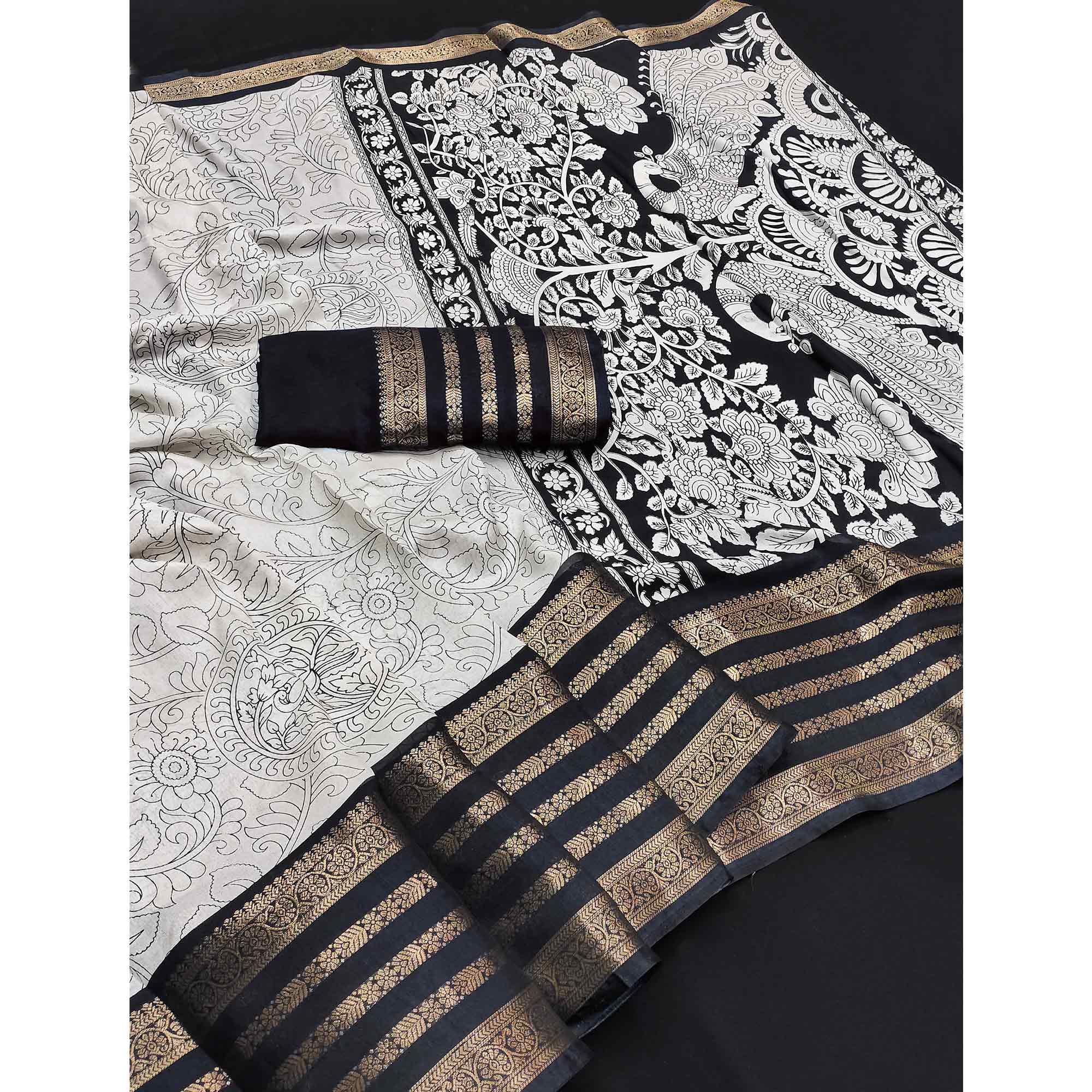 Off White & Black Dola Silk Saree with Tradional Prints and Zari Weaving Border