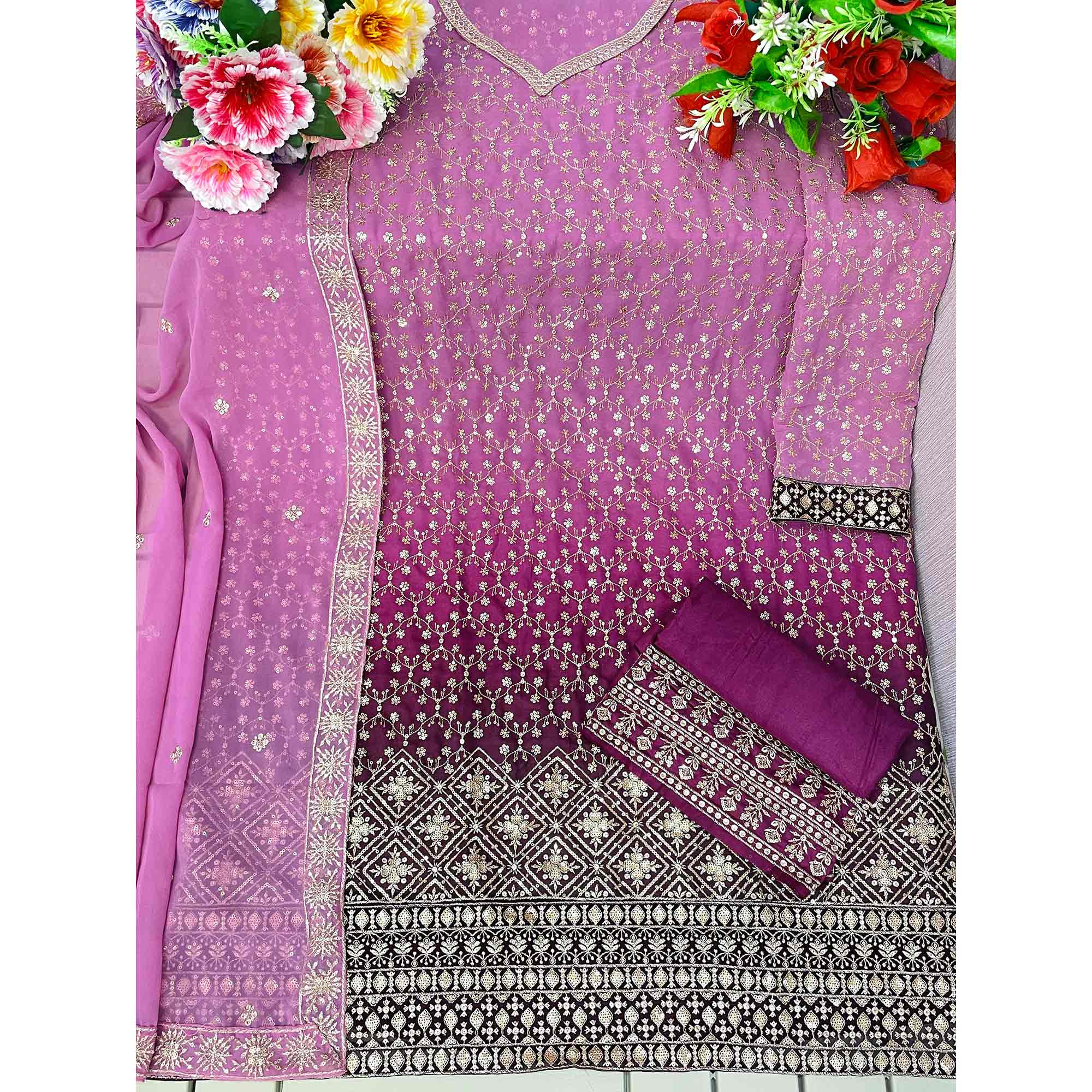 Purple Sequins Embroidered Georgette Semi Stitched Suit