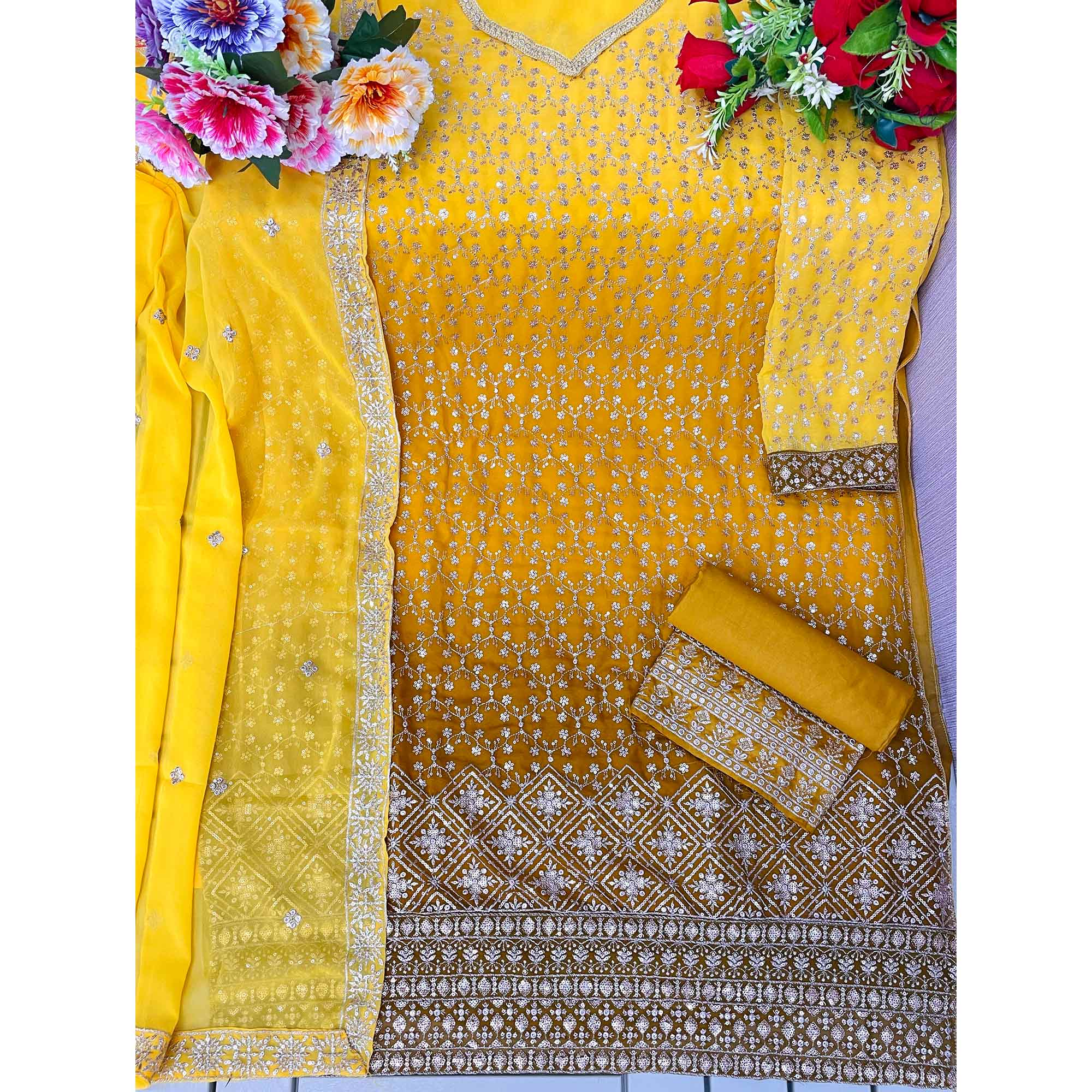 Yellow Sequins Embroidered Georgette Semi Stitched Suit