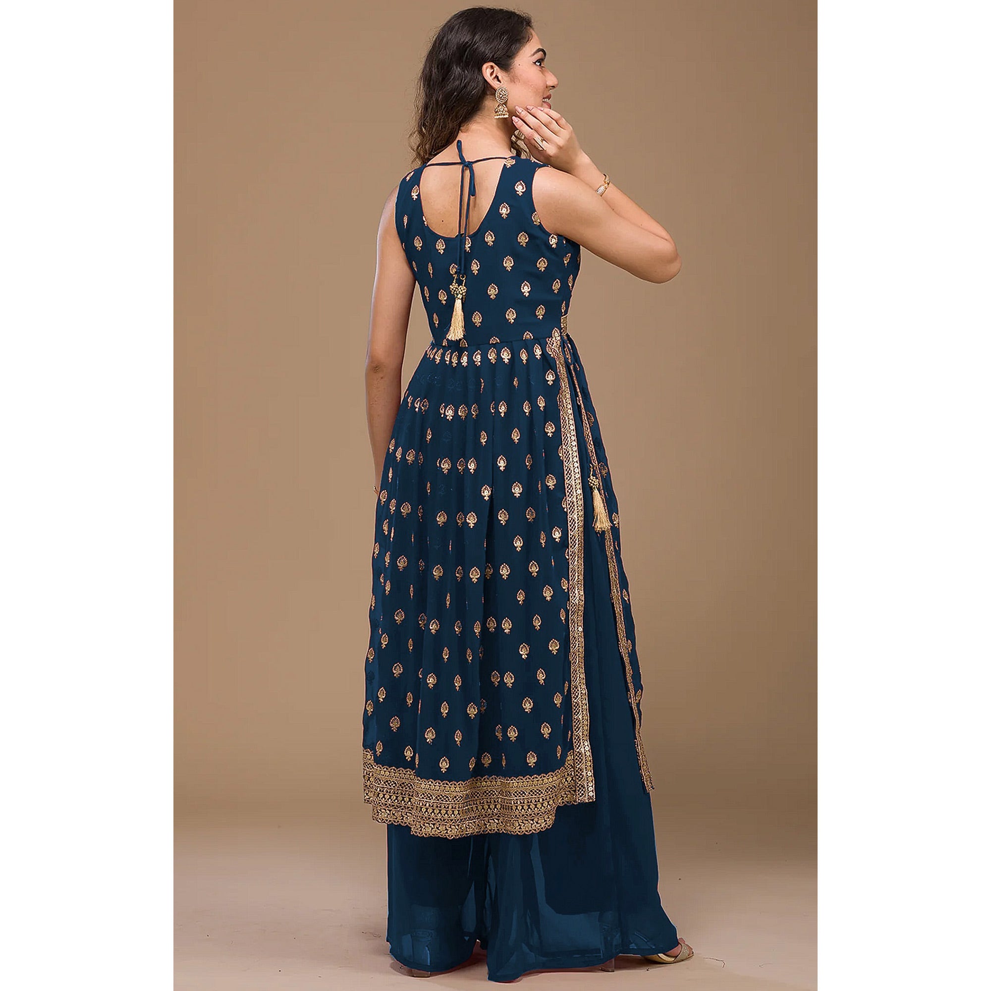 Blue Sequins Embroidered Georgette Naira Cut Semi Stitched Suit