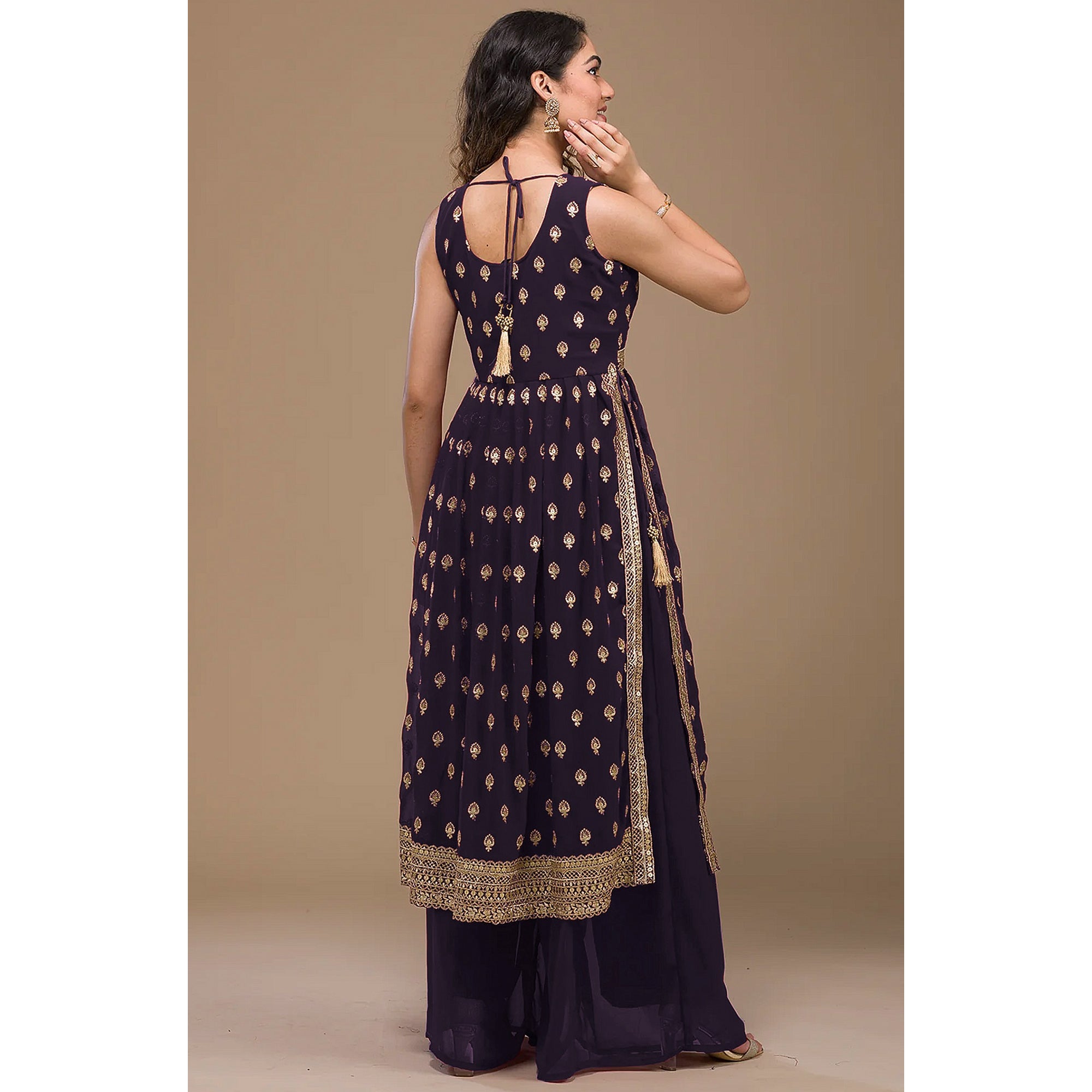 Purple Sequins Embroidered Georgette Naira Cut Semi Stitched Suit