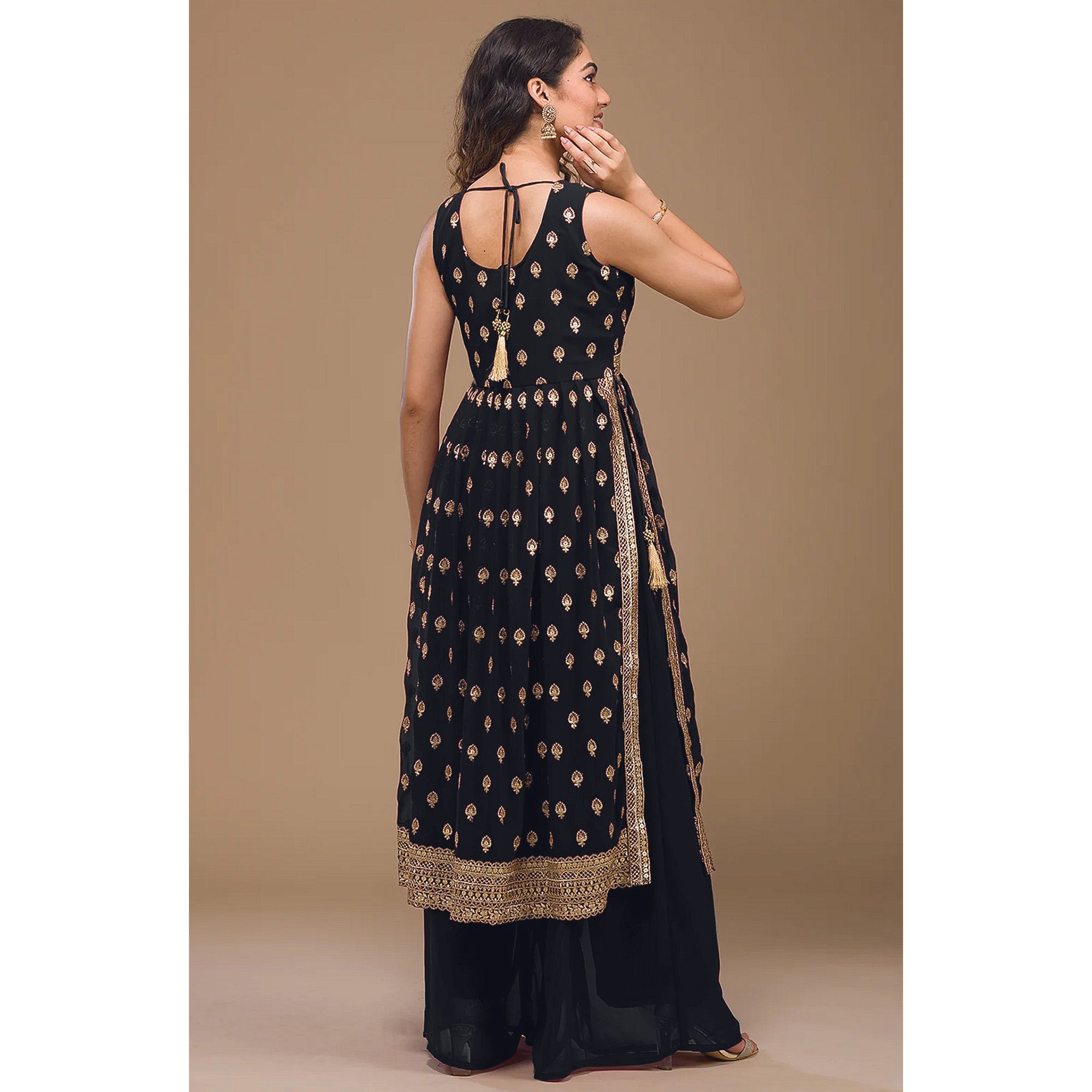 Black Sequins Embroidered Georgette Naira Cut Semi Stitched Suit