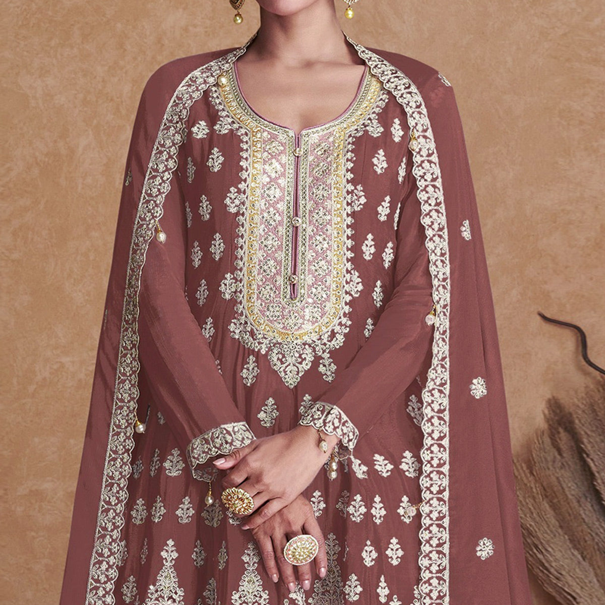 Brown Floral Embroidered Georgette Semi Stitched Suit
