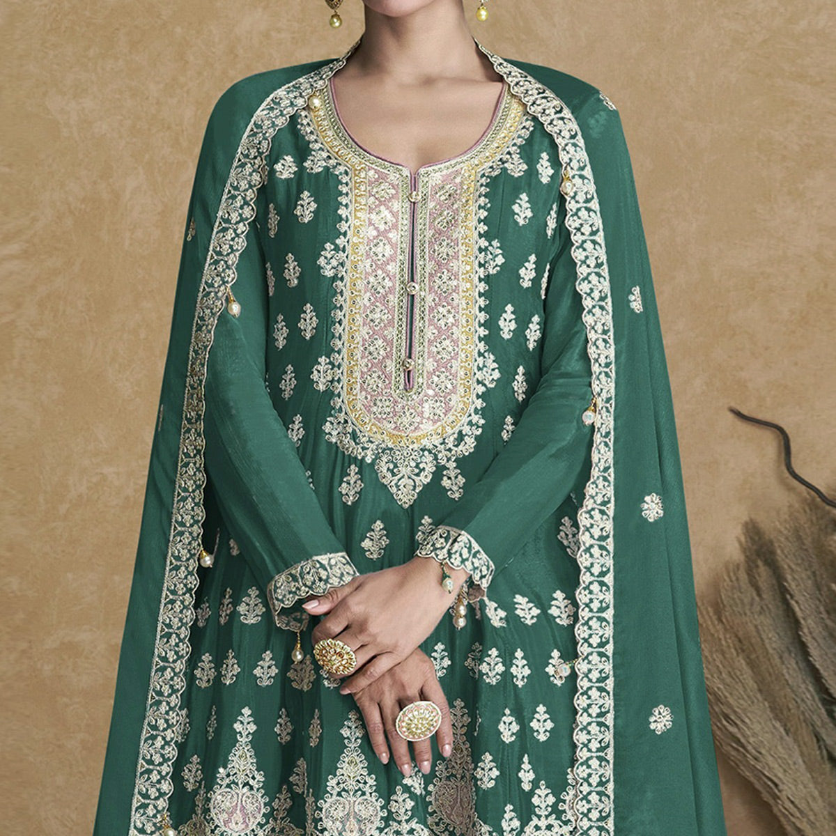 Green Floral Embroidered Georgette Semi Stitched Suit