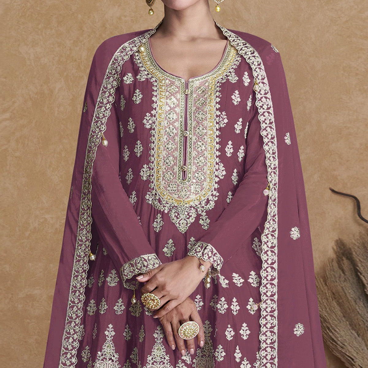 Mauve Floral Embroidered Georgette Semi Stitched Suit