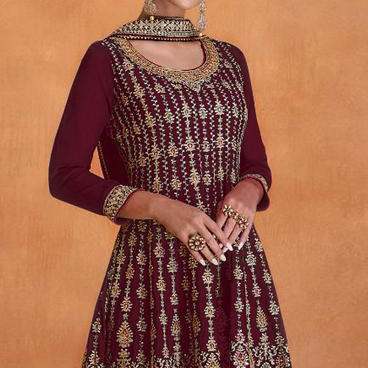 Maroon Sequins Embroidered Georgette Semi Stitched Sharara Suit