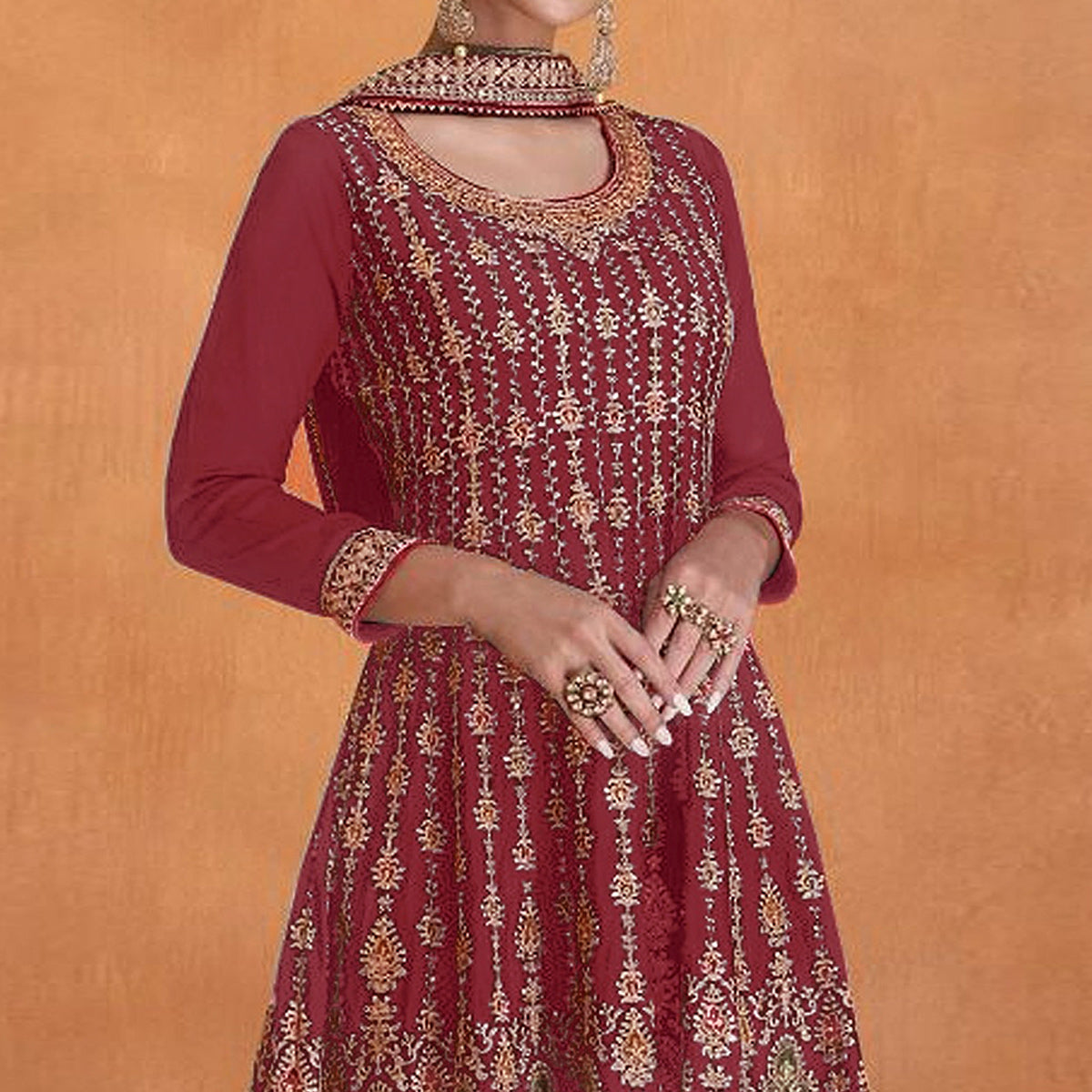 Red Sequins Embroidered Georgette Semi Stitched Sharara Suit