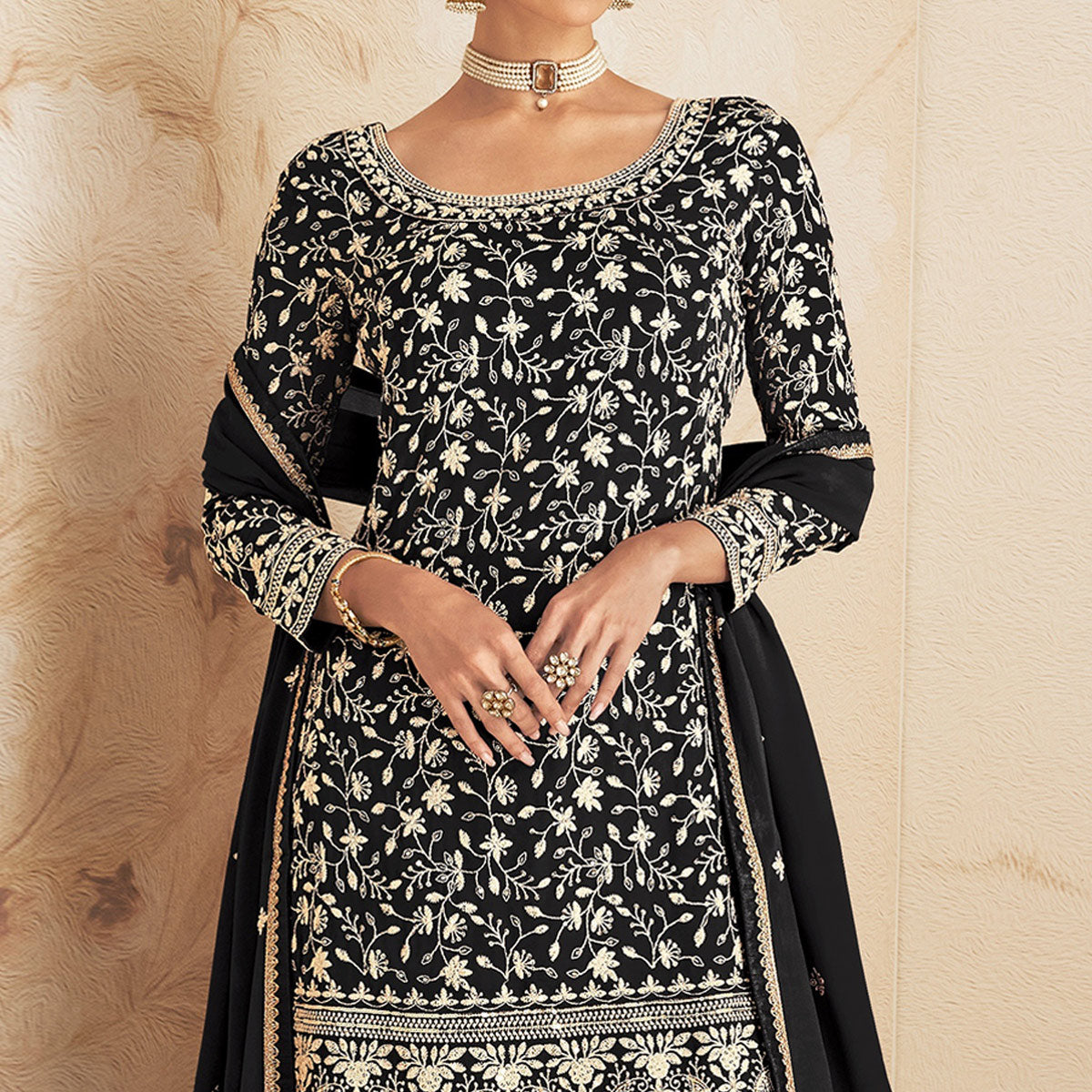 Black Floral Embroidered Georgette Semi Stitched Sharara Suit