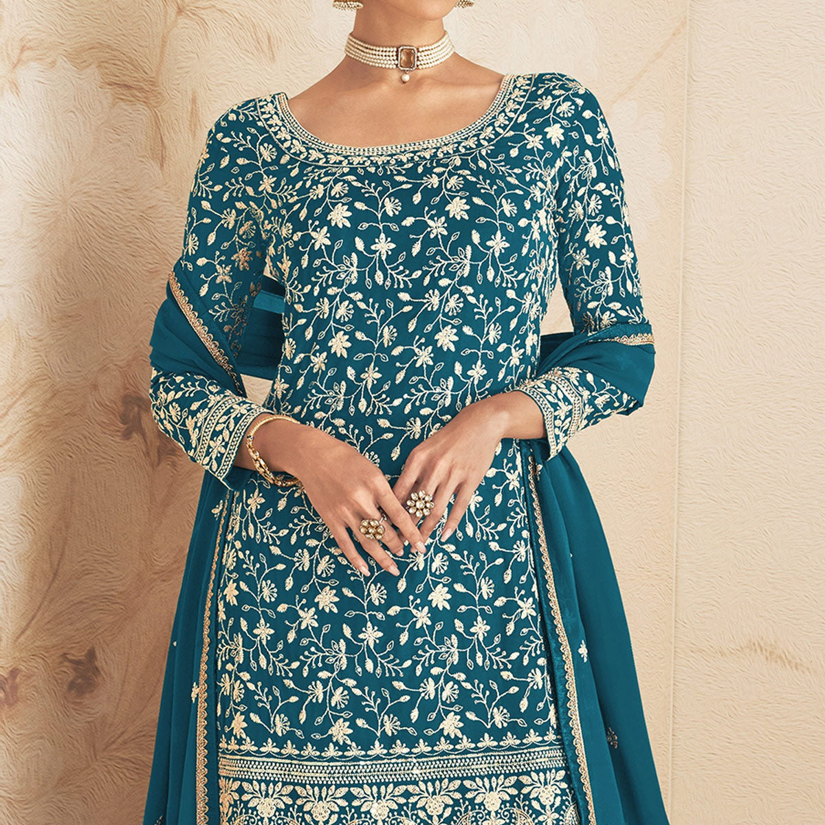 Blue Floral Embroidered Georgette Semi Stitched Sharara Suit