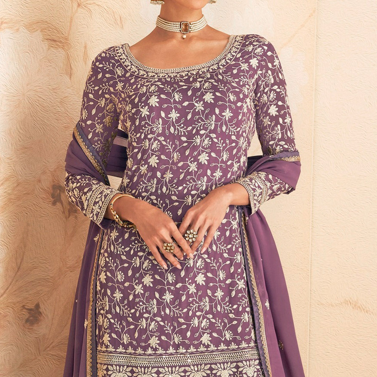 Purple Floral Embroidered Georgette Semi Stitched Sharara Suit