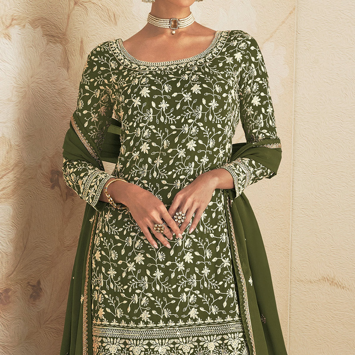 Mehendi Green Floral Embroidered Georgette Semi Stitched Sharara Suit