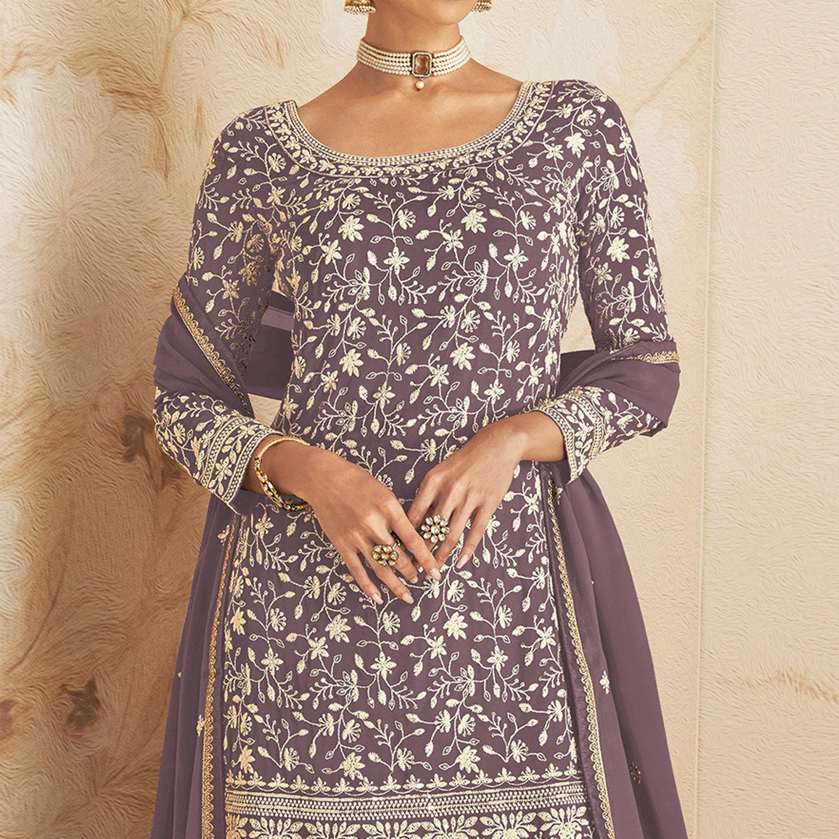 Mauve Floral Embroidered Georgette Semi Stitched Sharara Suit