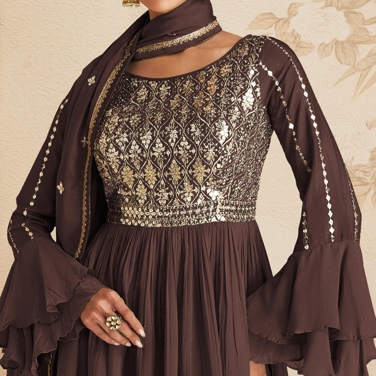 Brown Sequins Embroidered Chinon Semi Stitched Sharara Suit