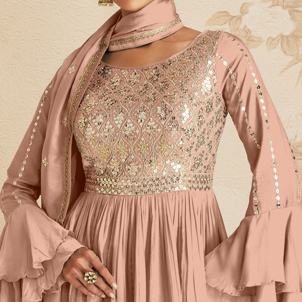 Peach Sequins Embroidered Chinon Semi Stitched Sharara Suit