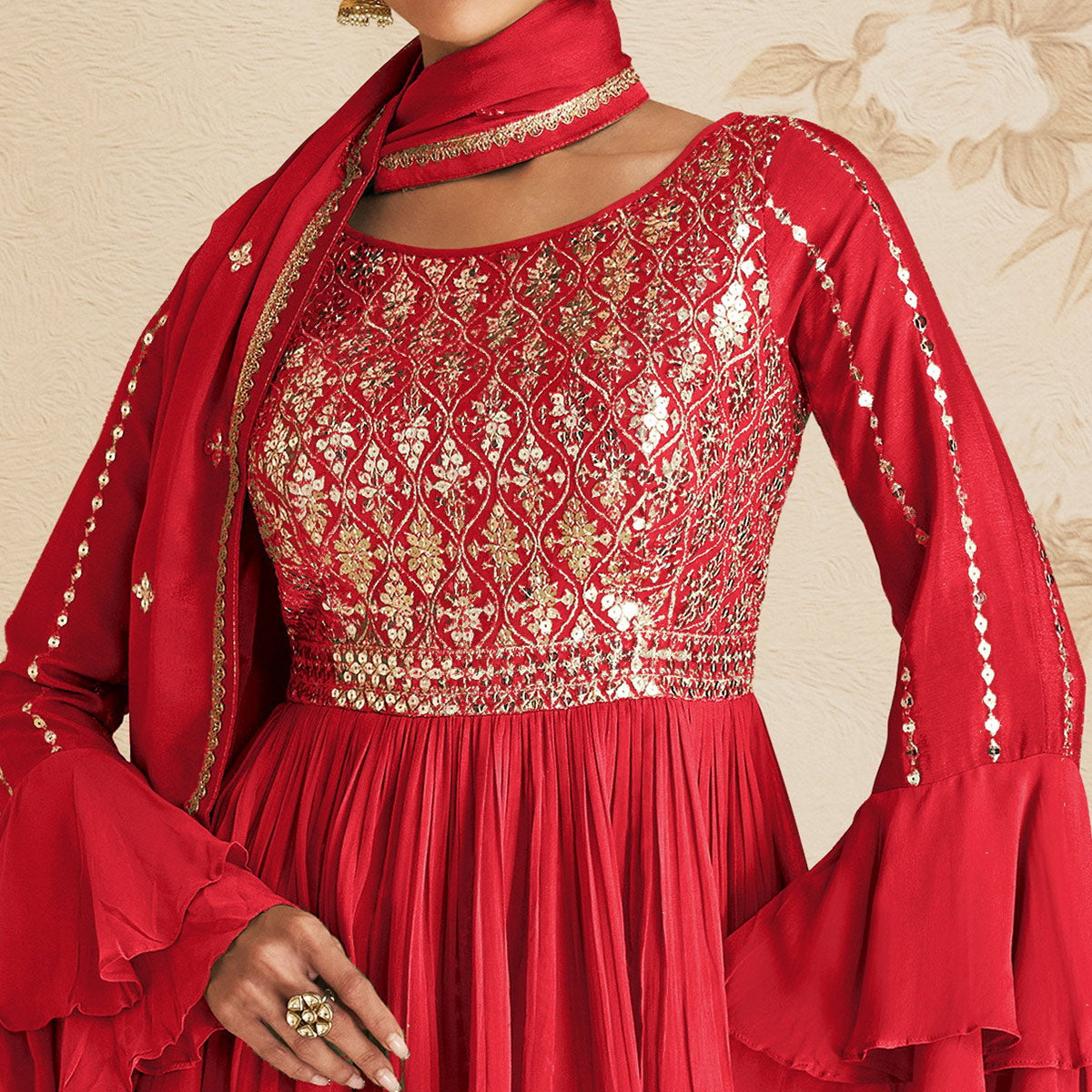 Red Sequins Embroidered Chinon Semi Stitched Sharara Suit