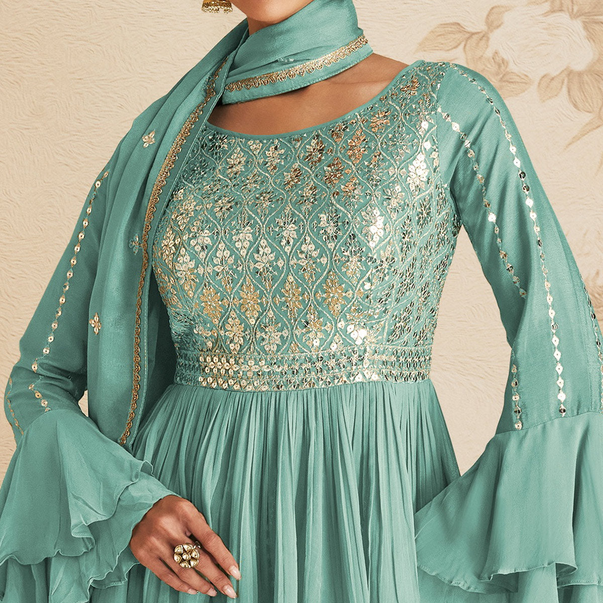 Blue Sequins Embroidered Chinon Semi Stitched Sharara Suit