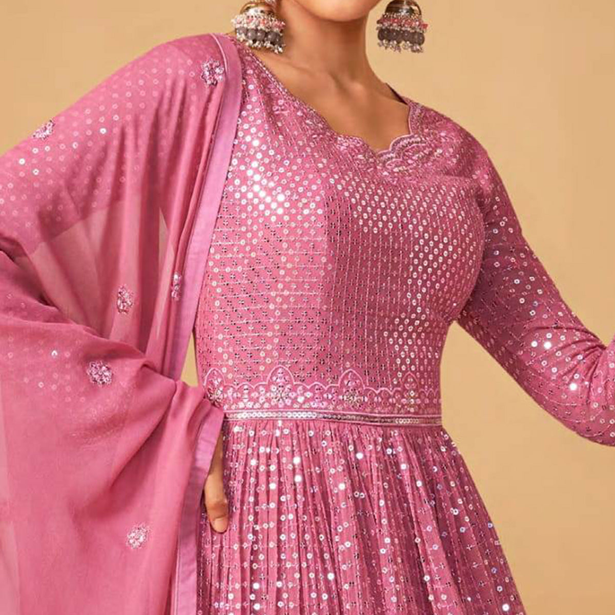 Pink Sequins Embroidered Georgette Semi Stitched Sharara Suit