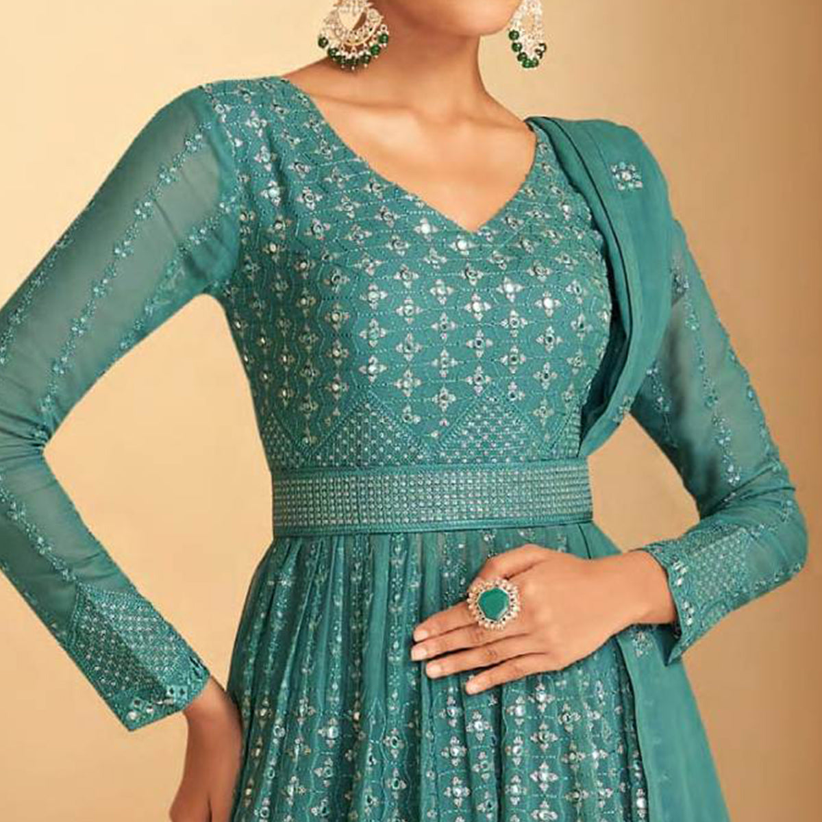 Rama Green Sequins Embroidered Georgette Semi Stitched Sharara Suit