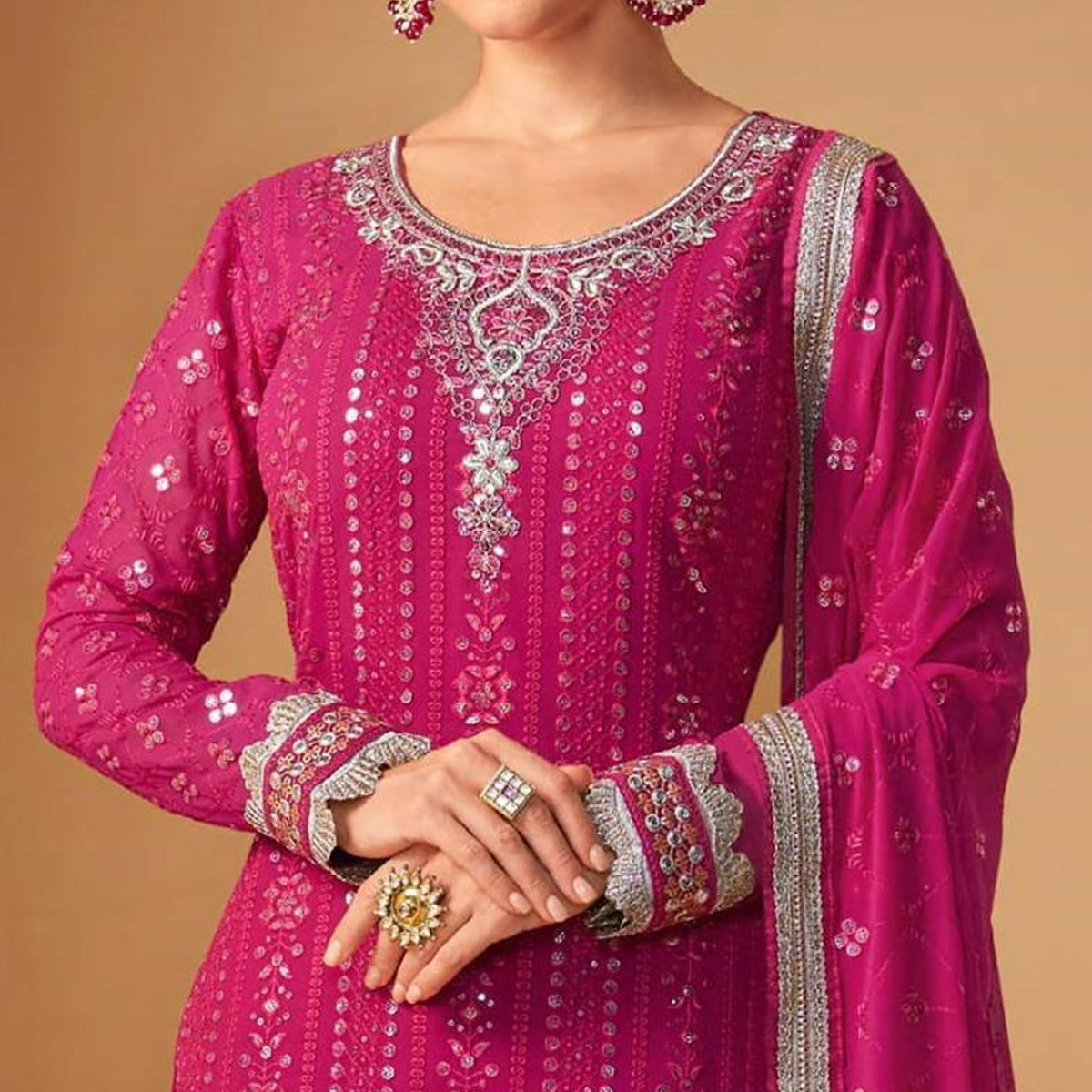 Rani Pink Floral Embroidered Georgette Semi Stitched Sharara Suit