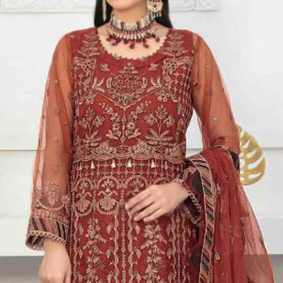 Rust Floral Embroidered Net Semi Stitched Pakistani Suit