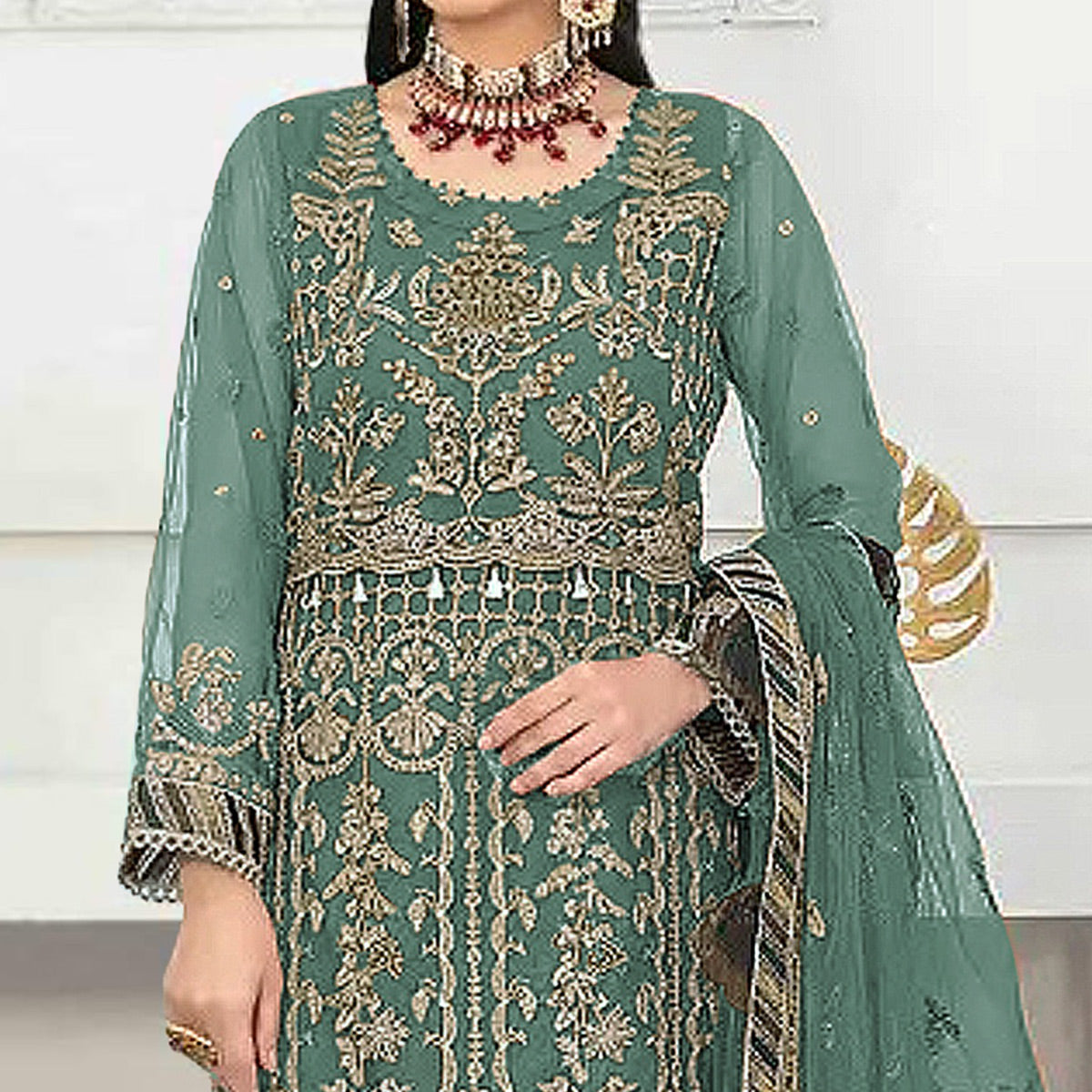 Green Floral Embroidered Net Semi Stitched Pakistani Suit