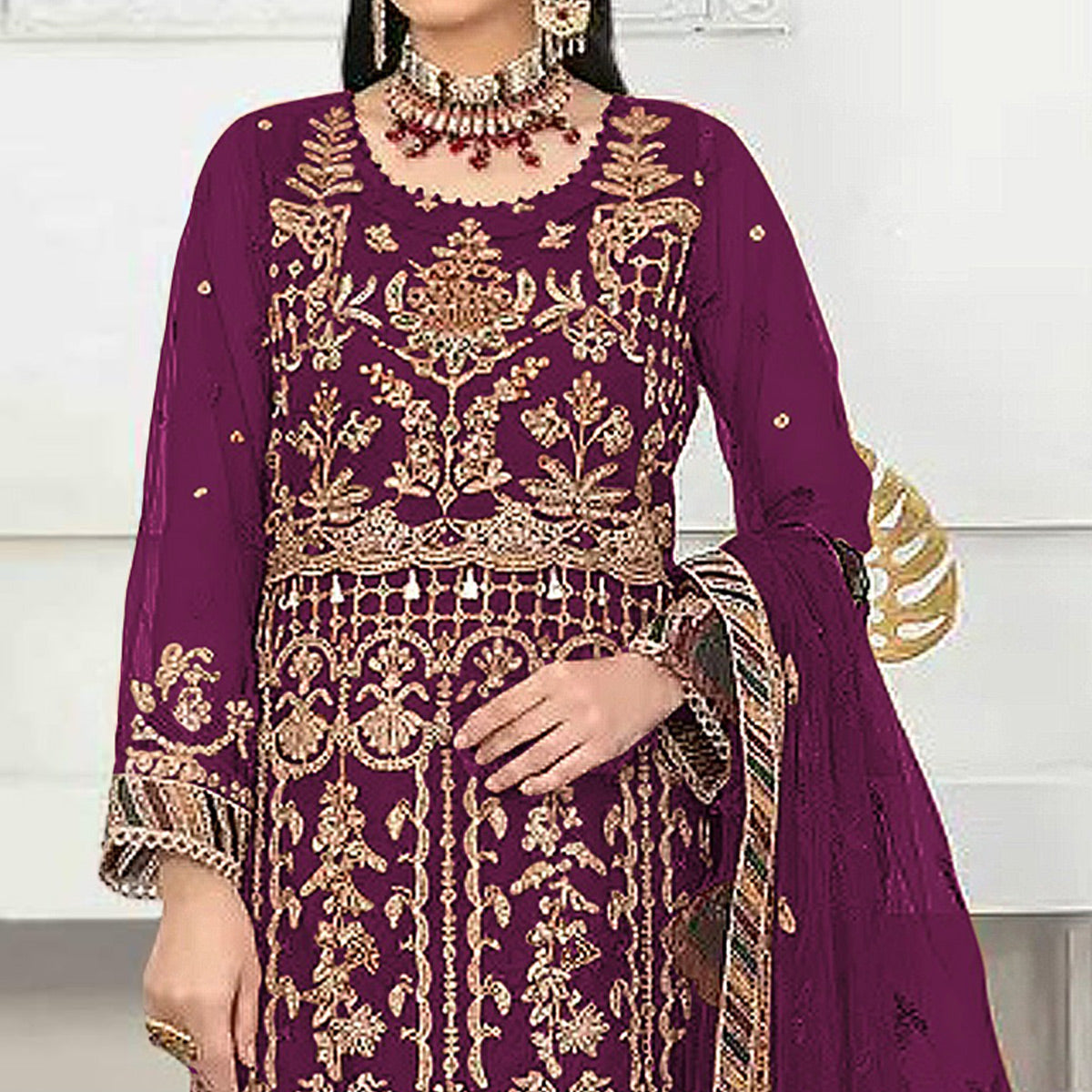 Purple Floral Embroidered Net Semi Stitched Pakistani Suit