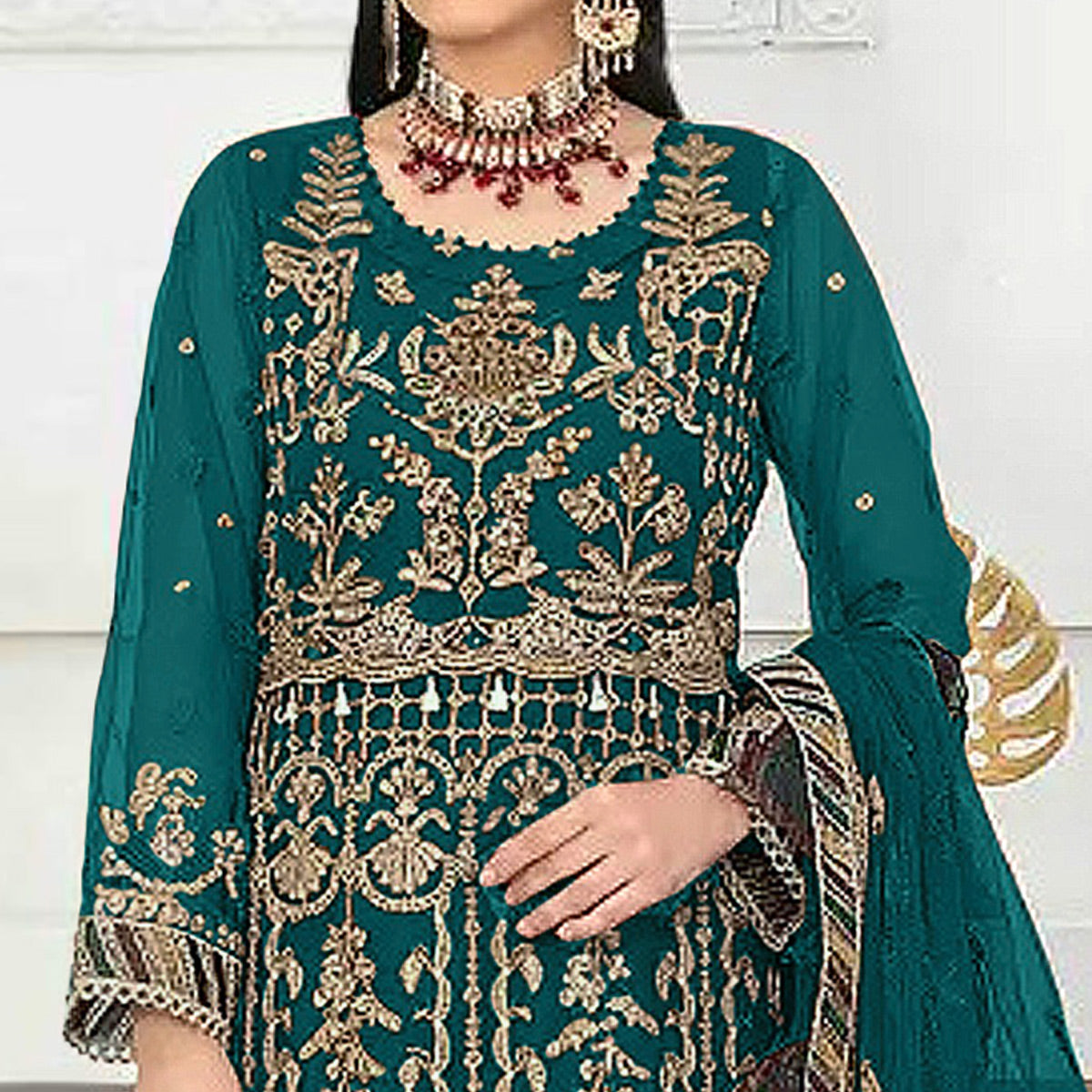 Teal Floral Embroidered Net Semi Stitched Pakistani Suit