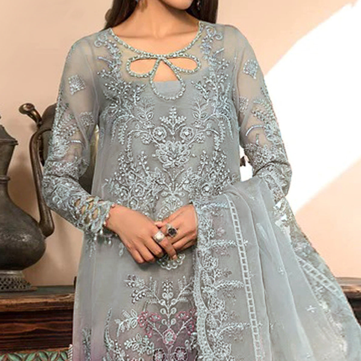 Grey & Purple Floral Embroidered Organza Semi Stitched Pakistani Suit