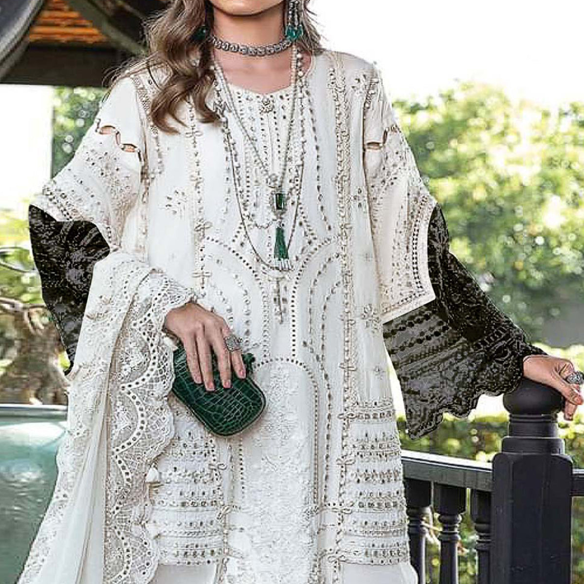 Cream Floral Embroidered Georgette Semi Stitched Pakistani Suit